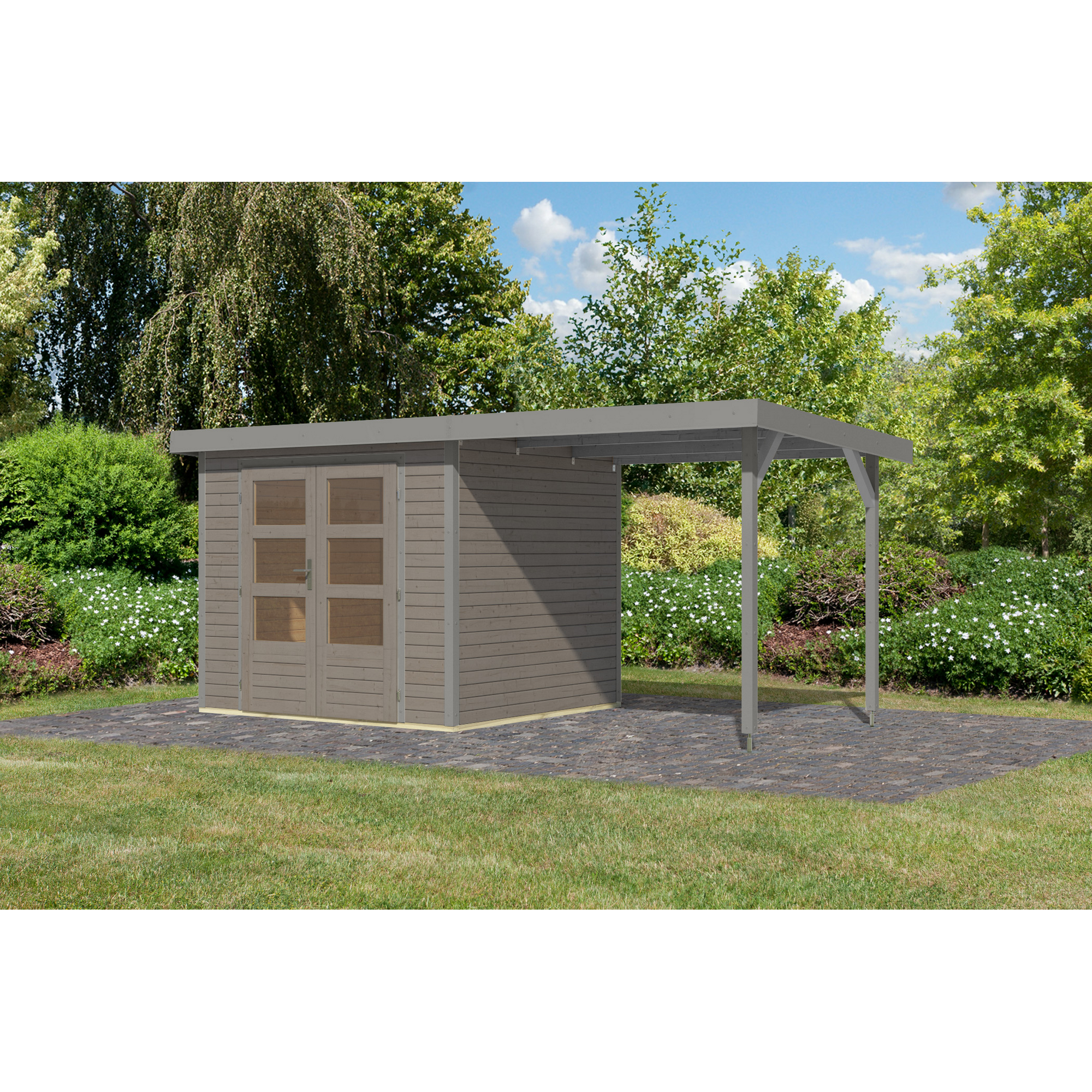 Gartenhaus-Set 'Komet 3 D' Fichtenholz wassergrau / graualuminium mit Anbaudach 2,35 m breit 454,5 x 209 x 213,5 cm