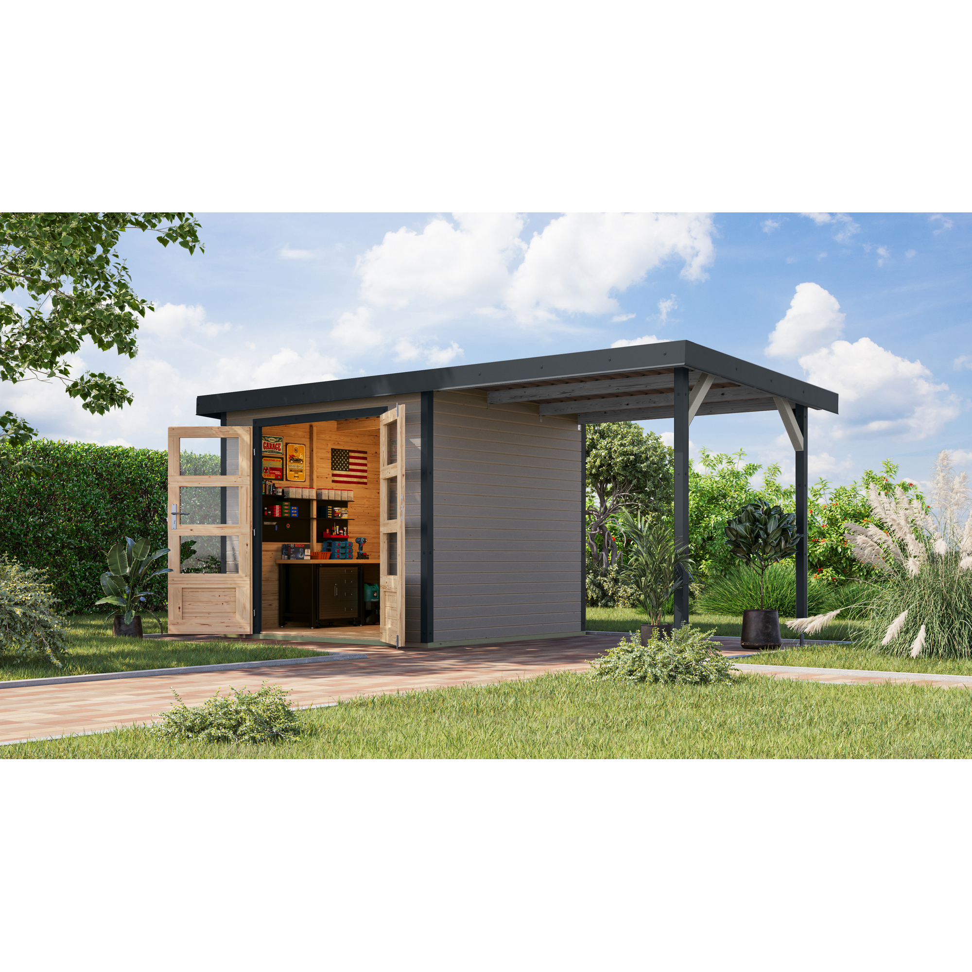 Gartenhaus-Set 'Komet 3 D' Fichtenholz wassergrau / anthrazit mit Anbaudach 2,35 m breit 454,5 x 209 x 213,5 cm