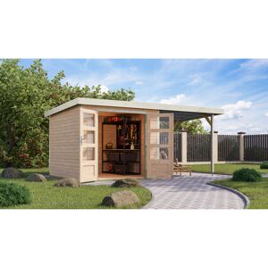 Gartenhaus-Set 'Komet 3,5 A' Fichtenholz naturbelassen / weiß mit Anbaudach 2,35 m breit 454,5 x 209 x 242,5 cm