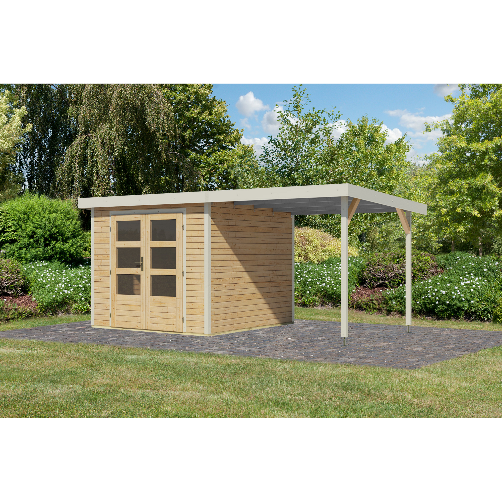 Gartenhaus-Set 'Komet 3,5 A' Fichtenholz naturbelassen / weiß mit Anbaudach 2,35 m breit 454,5 x 209 x 242,5 cm