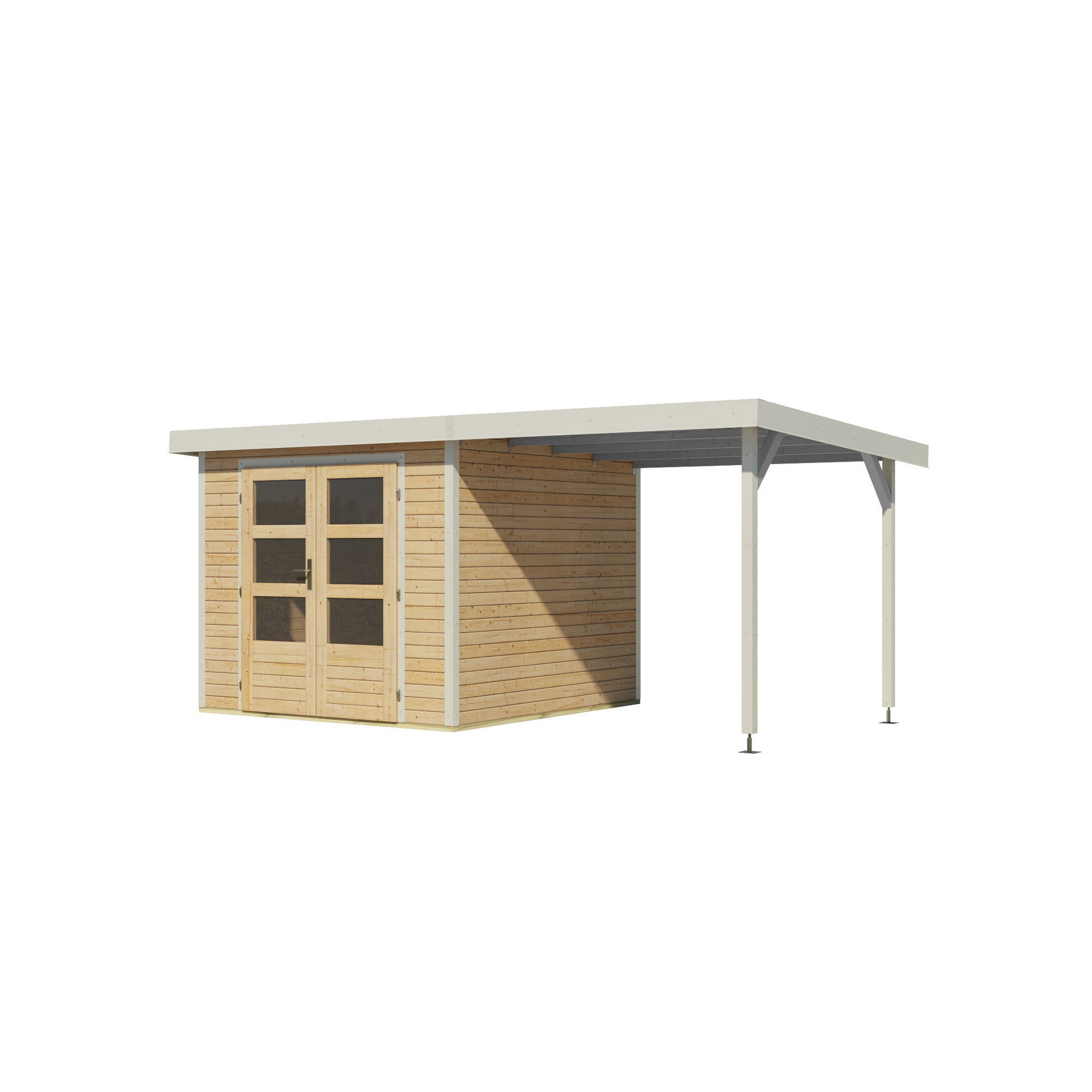 Gartenhaus-Set 'Komet 3,5 A' Fichtenholz naturbelassen / weiß mit Anbaudach 2,35 m breit 454,5 x 209 x 242,5 cm