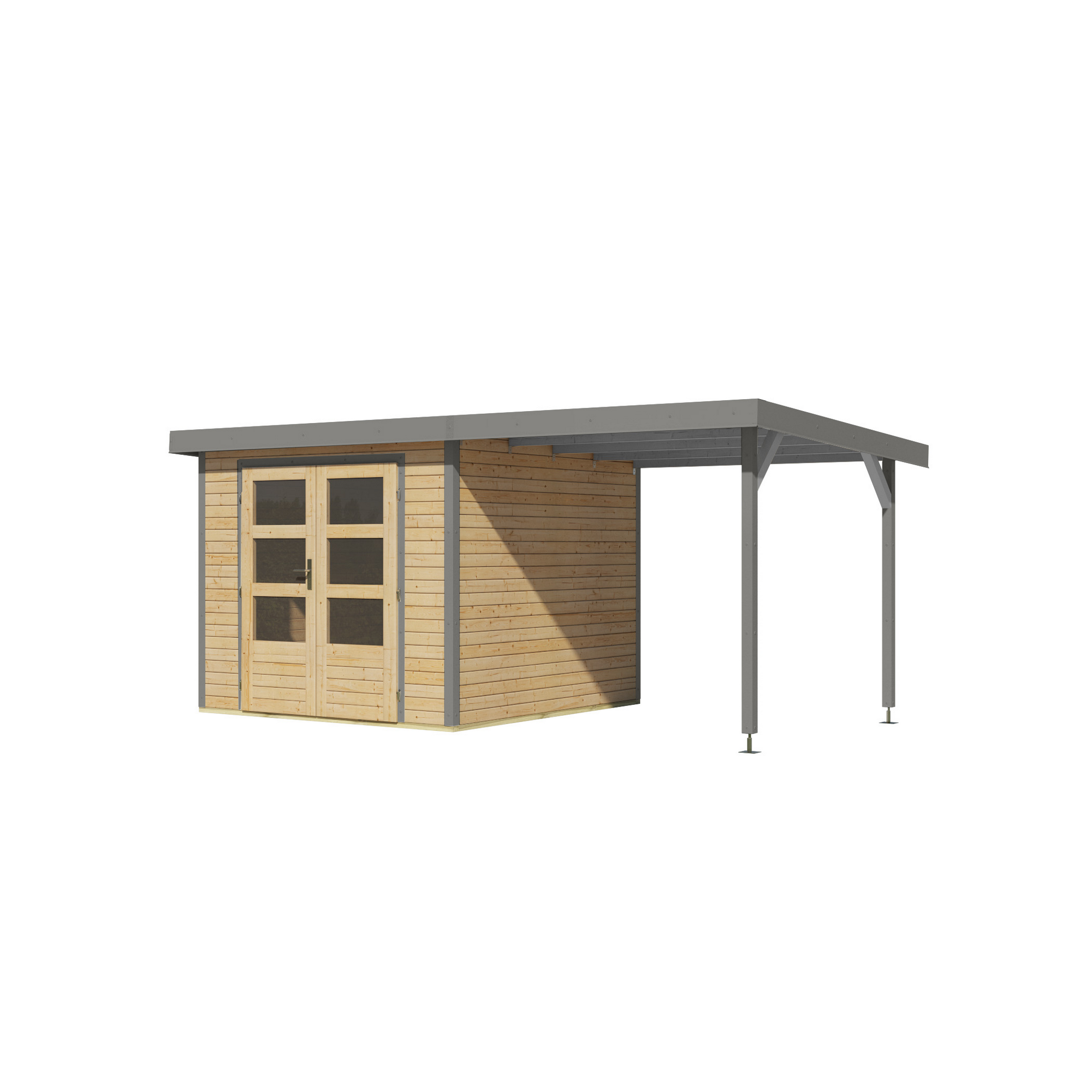 Gartenhaus-Set 'Komet 3,5 A' Fichtenholz naturbelassen / graualuminium mit Anbaudach 2,35 m breit 454,5 x 209 x 242,5 cm