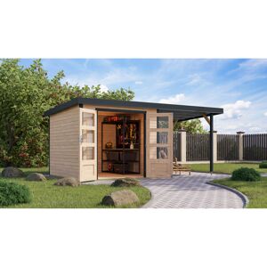 Gartenhaus-Set 'Komet 3,5 A' Fichtenholz naturbelassen / anthrazit mit Anbaudach 2,35 m breit 454,5 x 209 x 242,5 cm