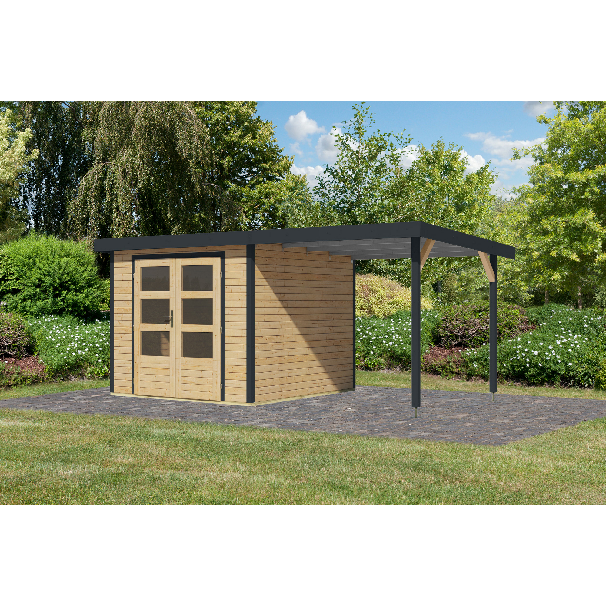 Gartenhaus-Set 'Komet 3,5 A' Fichtenholz naturbelassen / anthrazit mit Anbaudach 2,35 m breit 454,5 x 209 x 242,5 cm