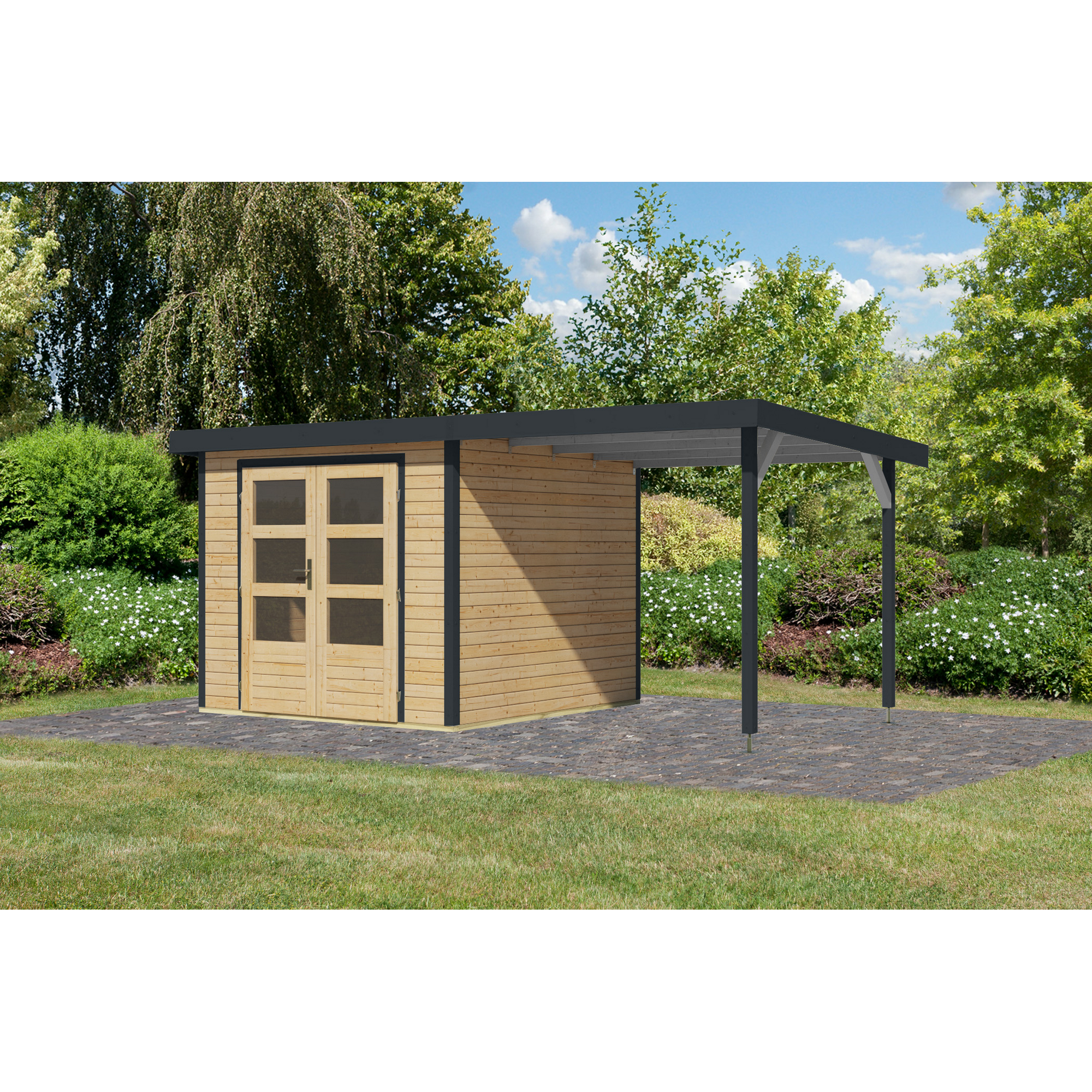Gartenhaus-Set 'Komet 3,5 A' Fichtenholz naturbelassen / anthrazit mit Anbaudach 2,35 m breit 454,5 x 209 x 242,5 cm