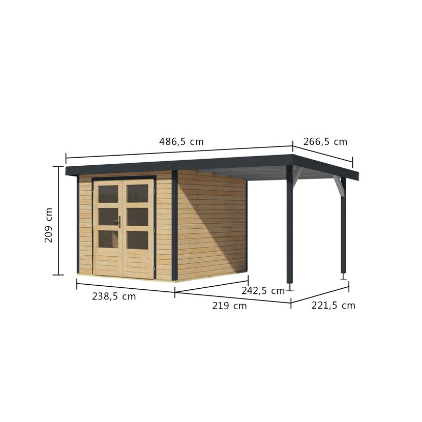 Gartenhaus-Set 'Komet 3,5 A' Fichtenholz naturbelassen / anthrazit mit Anbaudach 2,35 m breit 454,5 x 209 x 242,5 cm