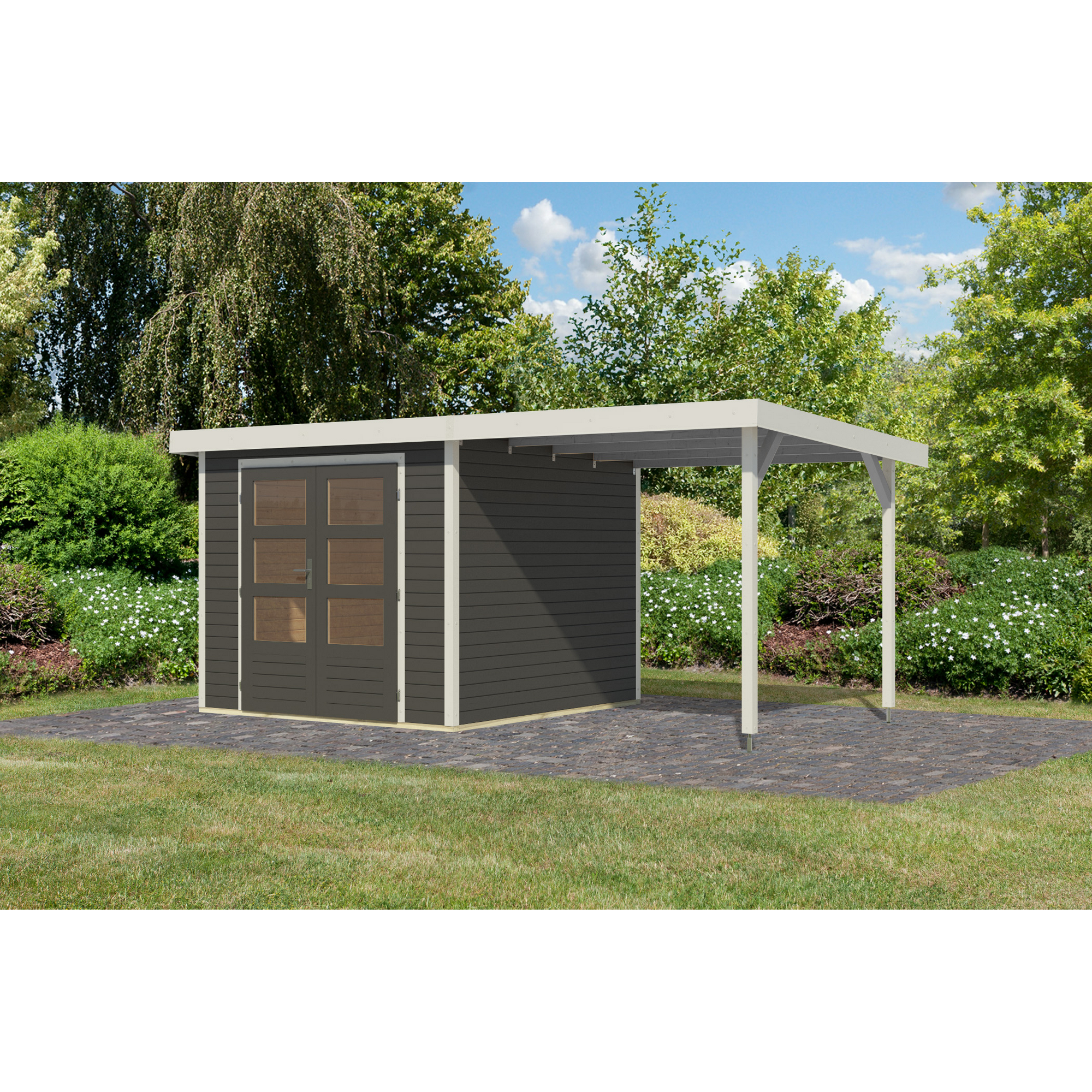 Gartenhaus-Set 'Komet 3,5 B' Fichtenholz terragrau / weiß mit Anbaudach 2,35 m breit 454,5 x 209 x 242,5 cm