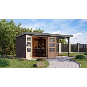 Gartenhaus-Set 'Komet 3,5 B' Fichtenholz terragrau / graualuminium mit Anbaudach 2,35 m breit 454,5 x 209 x 242,5 cm