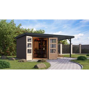 Gartenhaus-Set 'Komet 3,5 B' Fichtenholz terragrau / anthrazit mit Anbaudach 2,35 m breit 454,5 x 209 x 242,5 cm