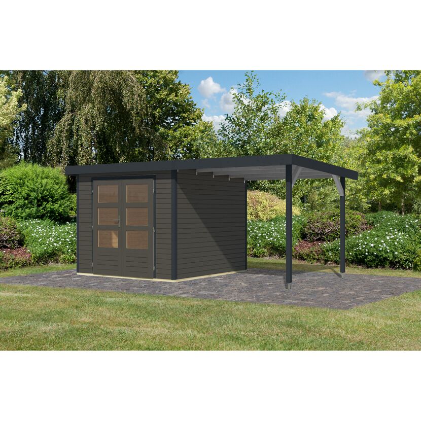 Gartenhaus-Set 'Komet 3,5 B' Fichtenholz terragrau / anthrazit mit Anbaudach 2,35 m breit 454,5 x 209 x 242,5 cm