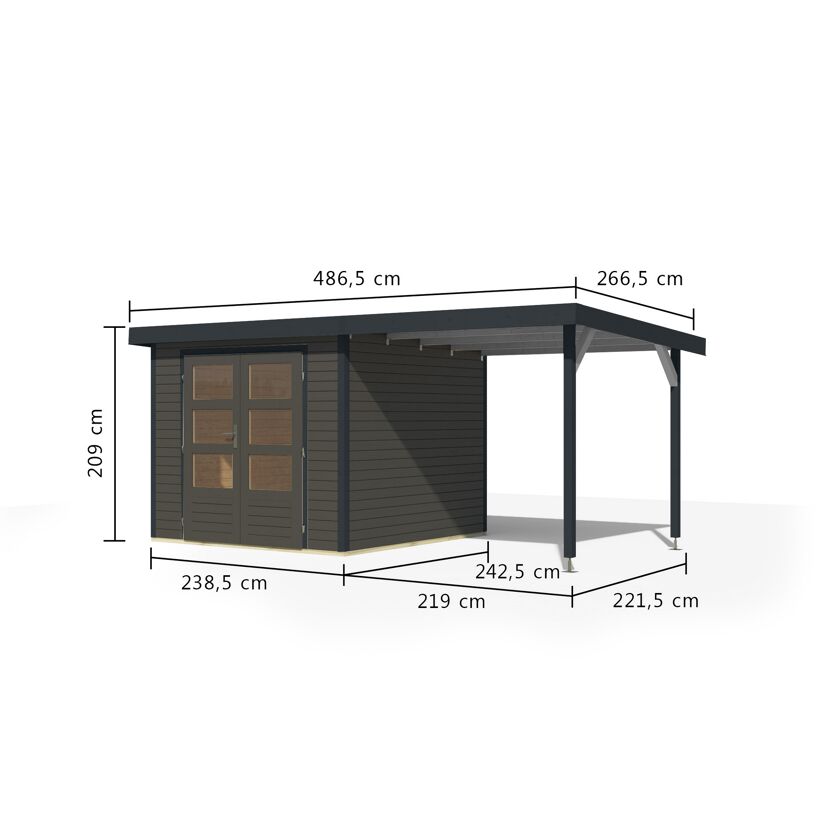 Gartenhaus-Set 'Komet 3,5 B' Fichtenholz terragrau / anthrazit mit Anbaudach 2,35 m breit 454,5 x 209 x 242,5 cm