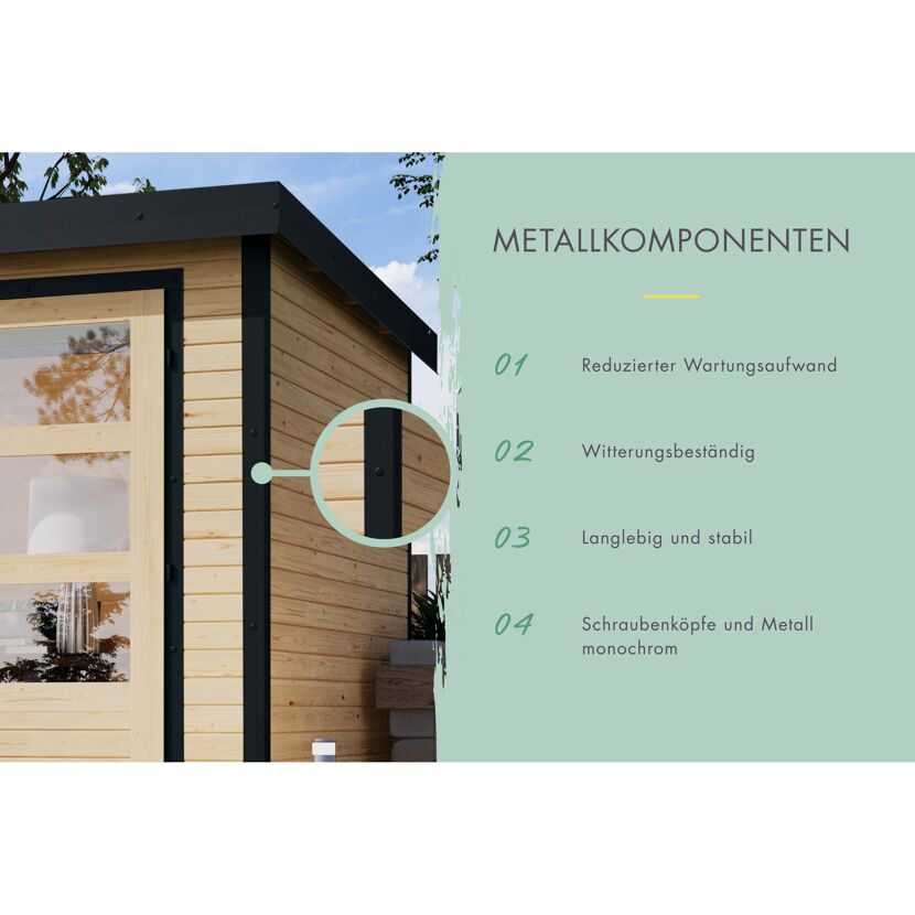 Gartenhaus mit schwarzen Metallecken