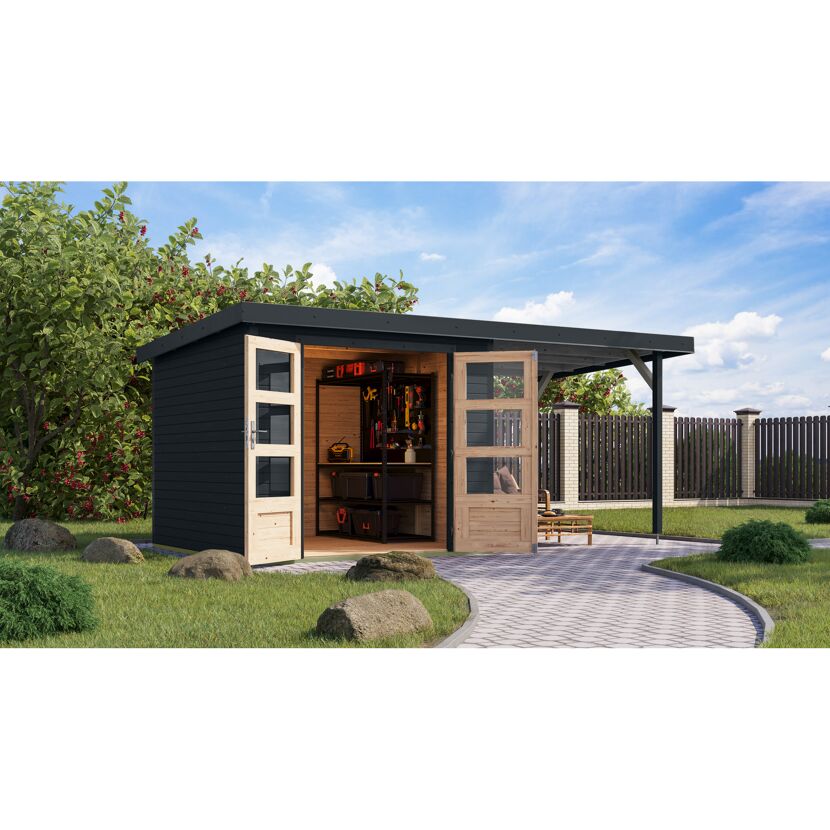 Gartenhaus-Set 'Komet 3,5 C' Fichtenholz anthrazit / anthrazit mit Anbaudach 2,35 m breit 454,5 x 209 x 242,5 cm