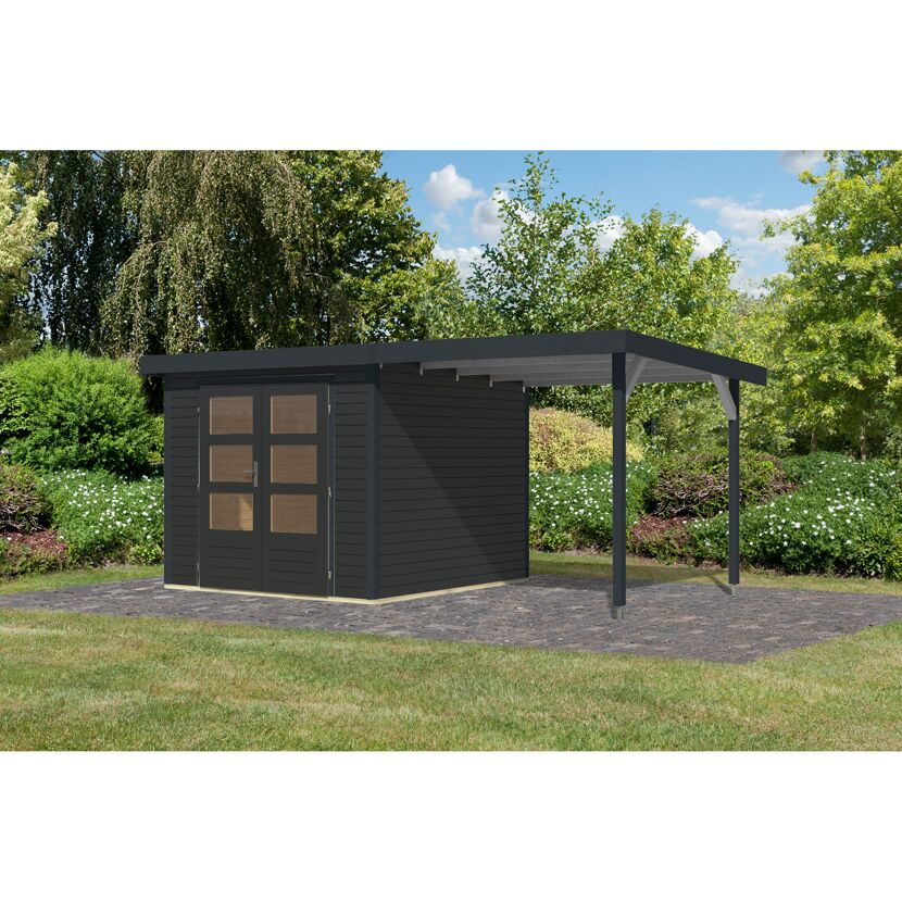 Gartenhaus-Set 'Komet 3,5 C' Fichtenholz anthrazit / anthrazit mit Anbaudach 2,35 m breit 454,5 x 209 x 242,5 cm