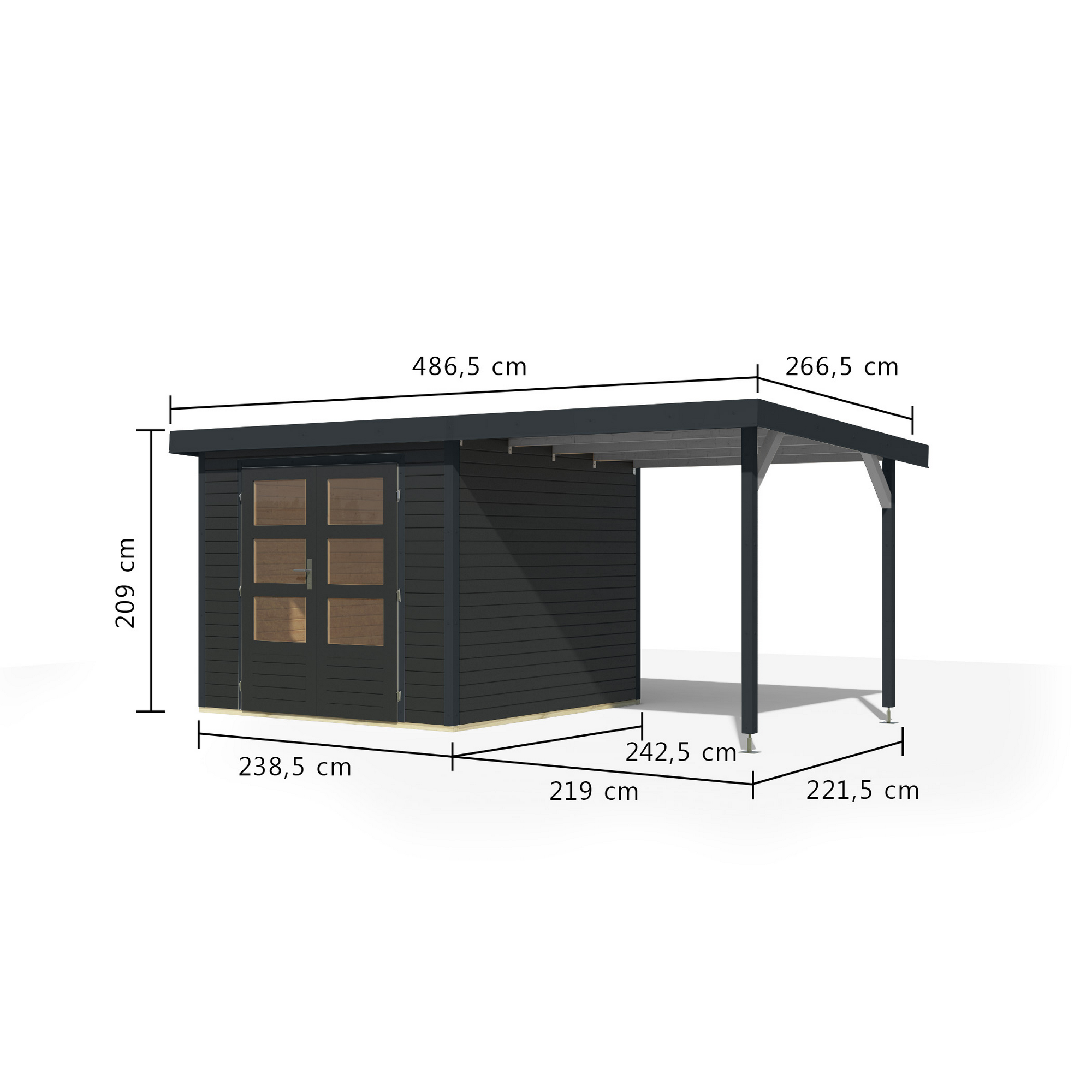 Gartenhaus-Set 'Komet 3,5 C' Fichtenholz anthrazit / anthrazit mit Anbaudach 2,35 m breit 454,5 x 209 x 242,5 cm