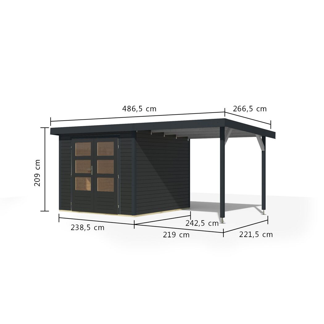 Gartenhaus-Set 'Komet 3,5 C' Fichtenholz anthrazit / anthrazit mit Anbaudach 2,35 m breit 454,5 x 209 x 242,5 cm