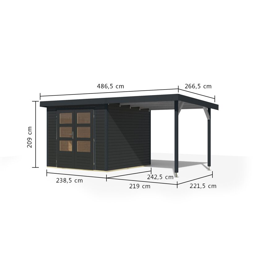 Gartenhaus-Set 'Komet 3,5 C' Fichtenholz anthrazit / anthrazit mit Anbaudach 2,35 m breit 454,5 x 209 x 242,5 cm