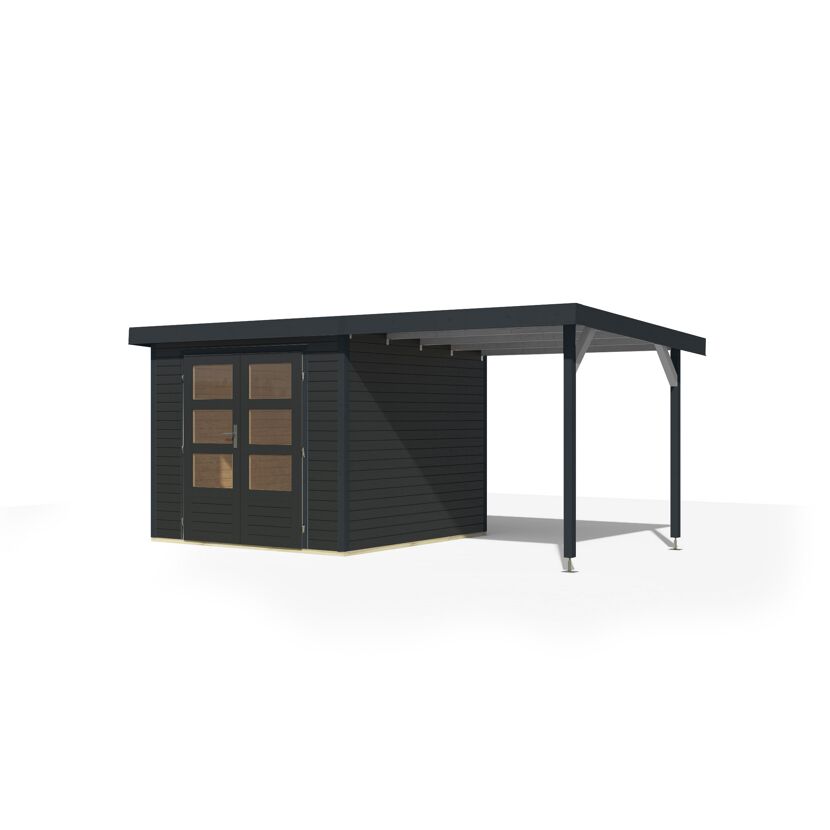 Gartenhaus-Set 'Komet 3,5 C' Fichtenholz anthrazit / anthrazit mit Anbaudach 2,35 m breit 454,5 x 209 x 242,5 cm