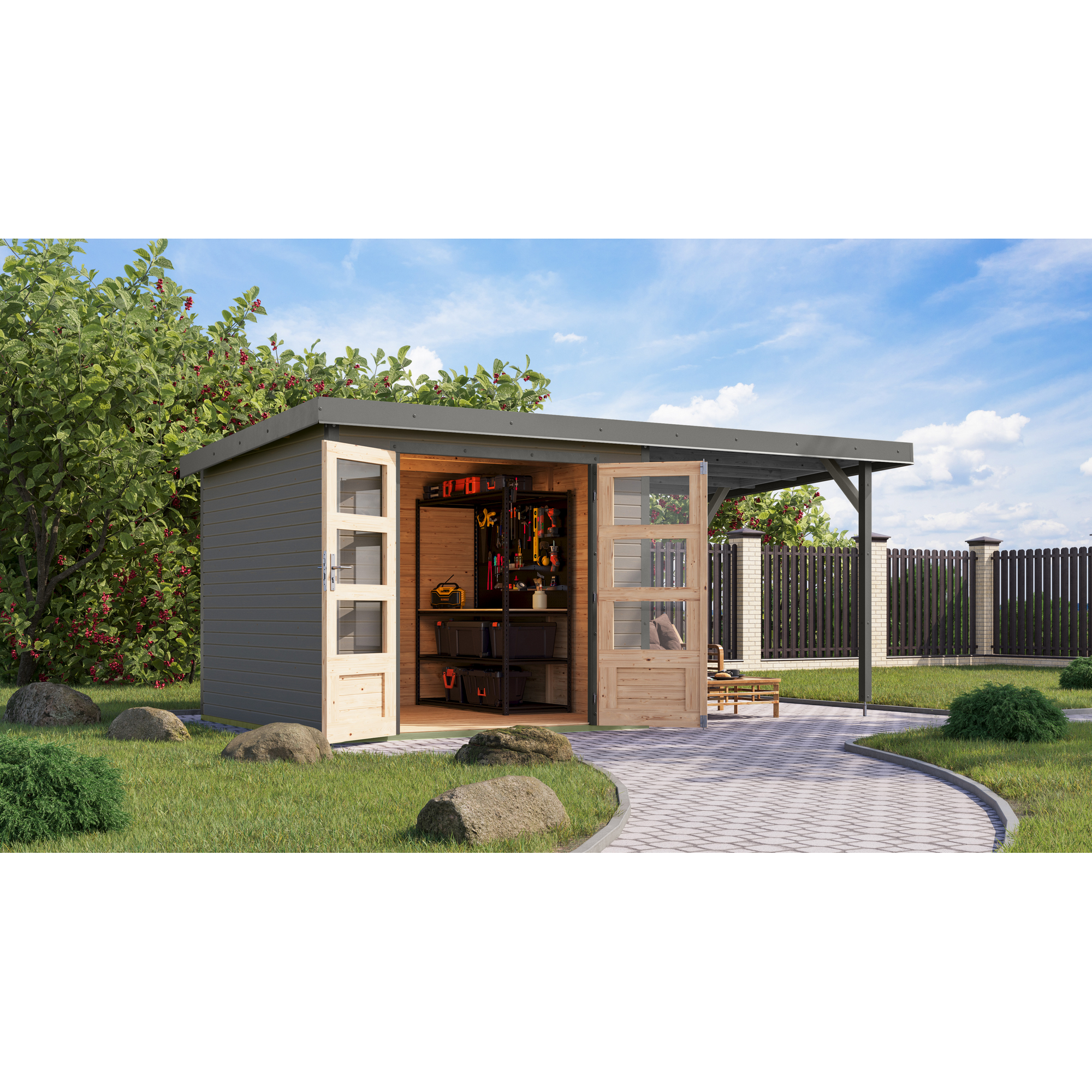 Gartenhaus-Set 'Komet 3,5 D' Fichtenholz wassergrau / graualuminium mit Anbaudach 2,35 m breit 454,5 x 209 x 242,5 cm