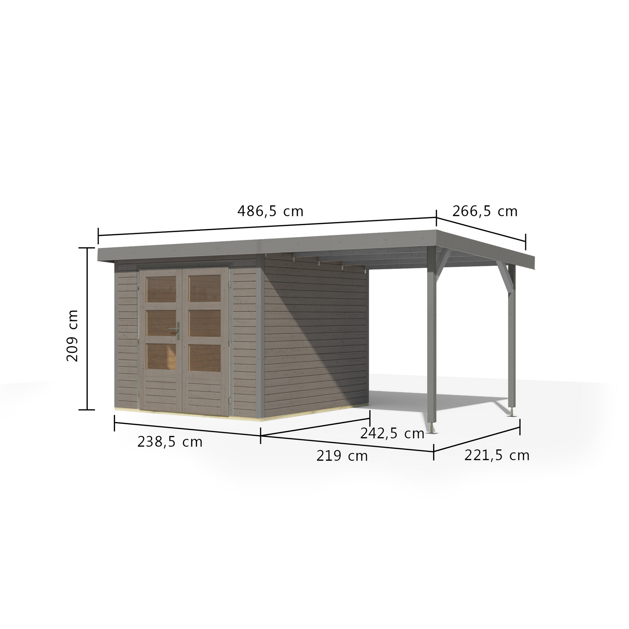 Gartenhaus-Set 'Komet 3,5 D' Fichtenholz wassergrau / graualuminium mit Anbaudach 2,35 m breit 454,5 x 209 x 242,5 cm