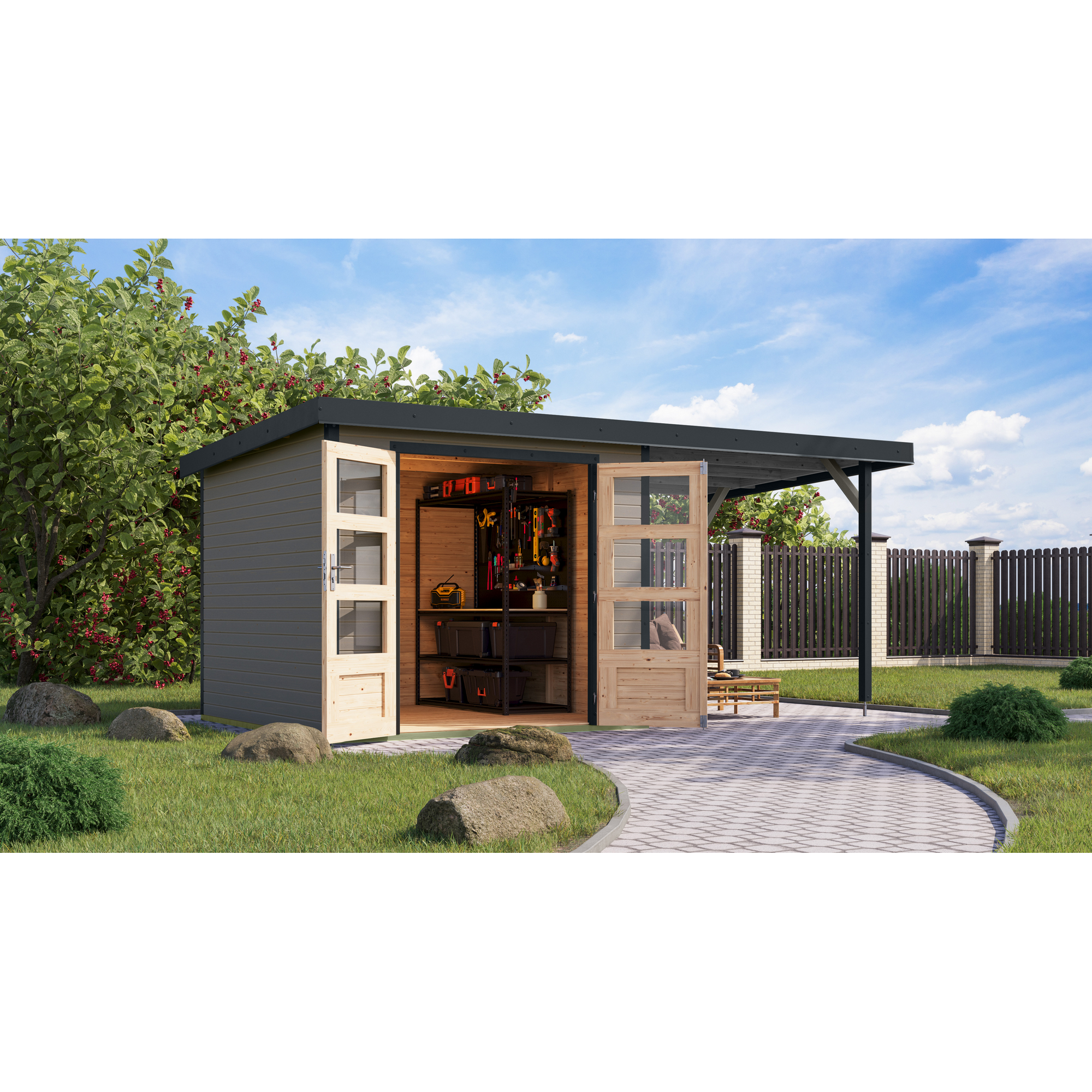 Gartenhaus-Set 'Komet 3,5 D' Fichtenholz wassergrau / anthrazit mit Anbaudach 2,35 m breit 454,5 x 209 x 242,5 cm