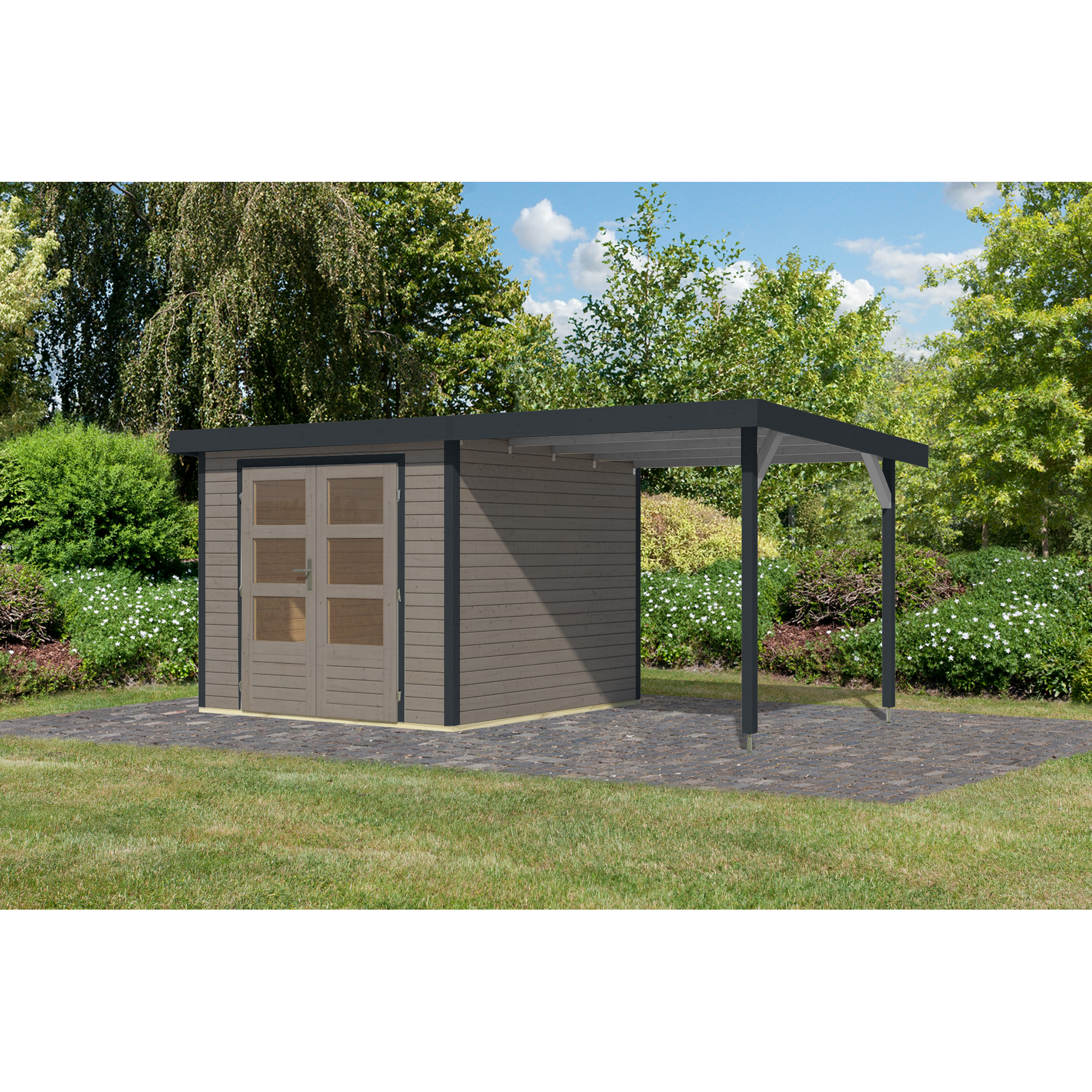 Gartenhaus-Set 'Komet 3,5 D' Fichtenholz wassergrau / anthrazit mit Anbaudach 2,35 m breit 454,5 x 209 x 242,5 cm