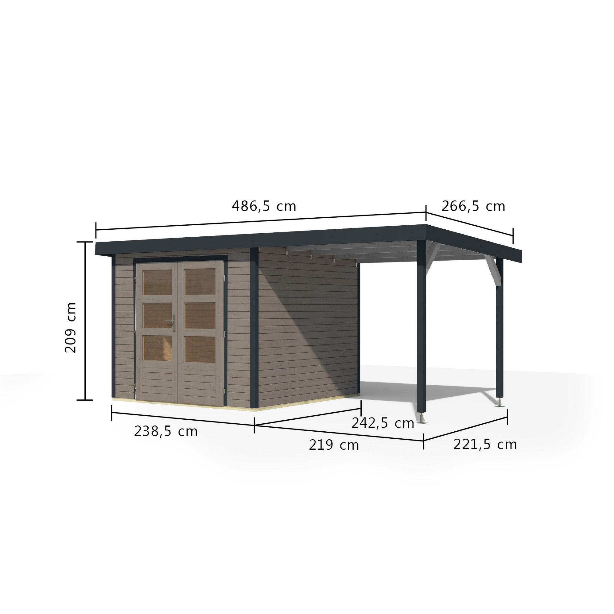 Gartenhaus-Set 'Komet 3,5 D' Fichtenholz wassergrau / anthrazit mit Anbaudach 2,35 m breit 454,5 x 209 x 242,5 cm