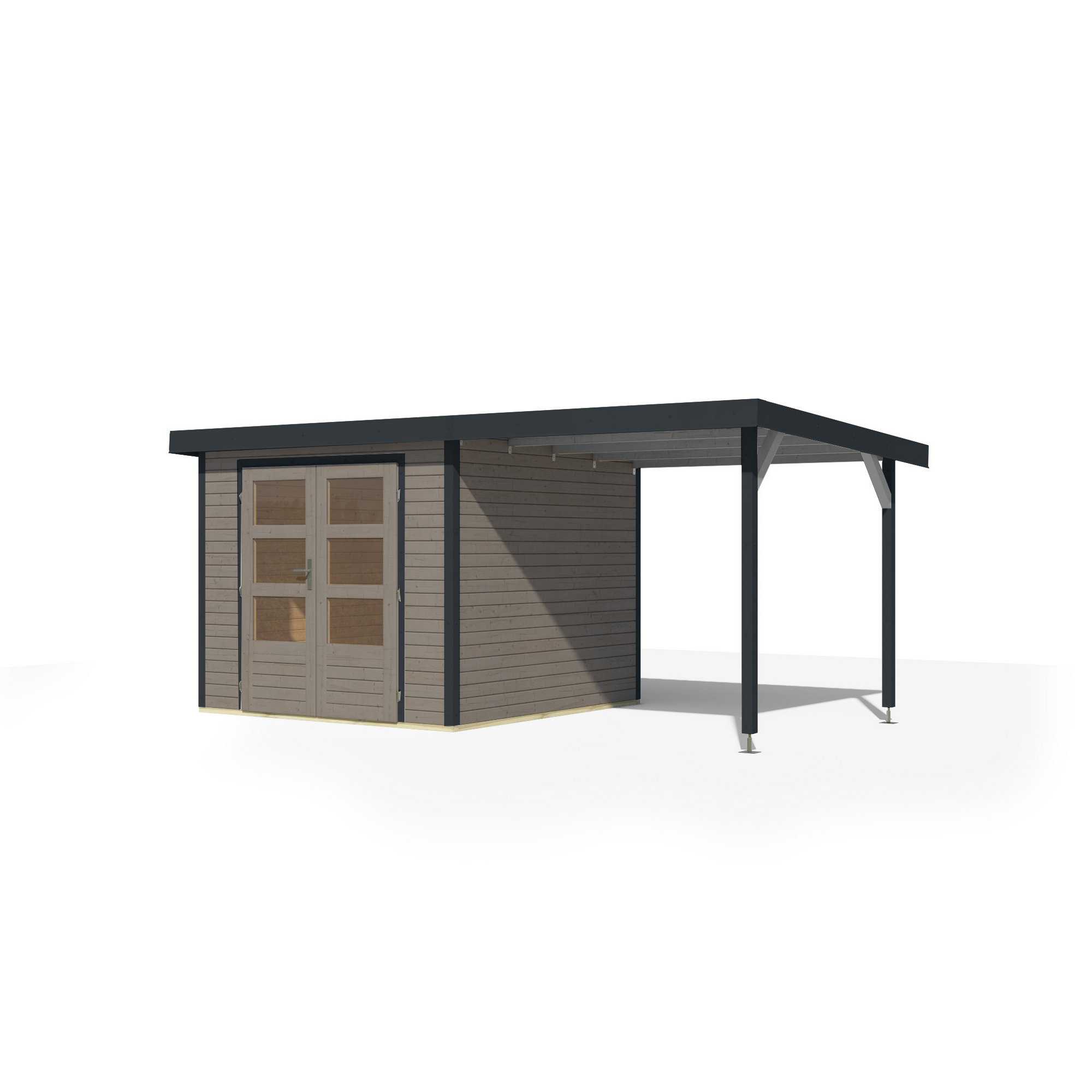 Gartenhaus-Set 'Komet 3,5 D' Fichtenholz wassergrau / anthrazit mit Anbaudach 2,35 m breit 454,5 x 209 x 242,5 cm