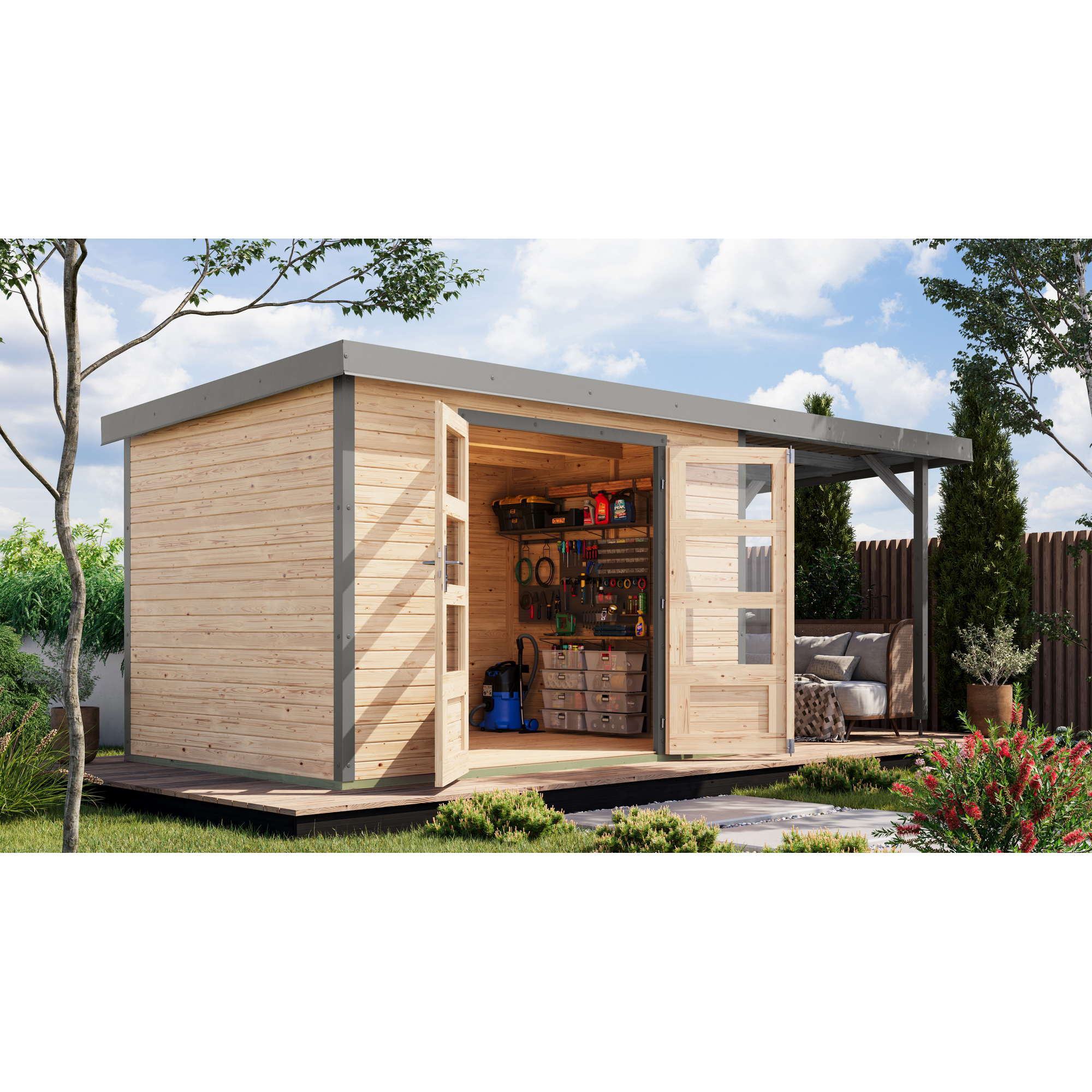 Gartenhaus-Set 'Komet 4 A' Fichtenholz naturbelassen / graualuminium mit Anbaudach 2,35 m breit 514,5 x 209 x 213,5 cm