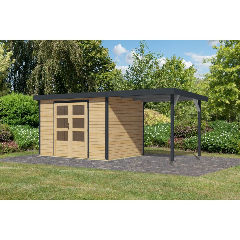 Gartenhaus-Set 'Komet 4 A' Fichtenholz naturbelassen / anthrazit mit Anbaudach 2,35 m breit 514,5 x 209 x 213,5 cm