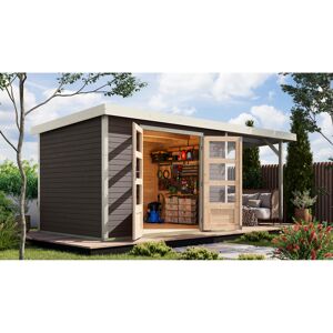 Gartenhaus-Set 'Komet 4 B' Fichtenholz terragrau / weiß mit Anbaudach 2,35 m breit 514,5 x 209 x 213,5 cm