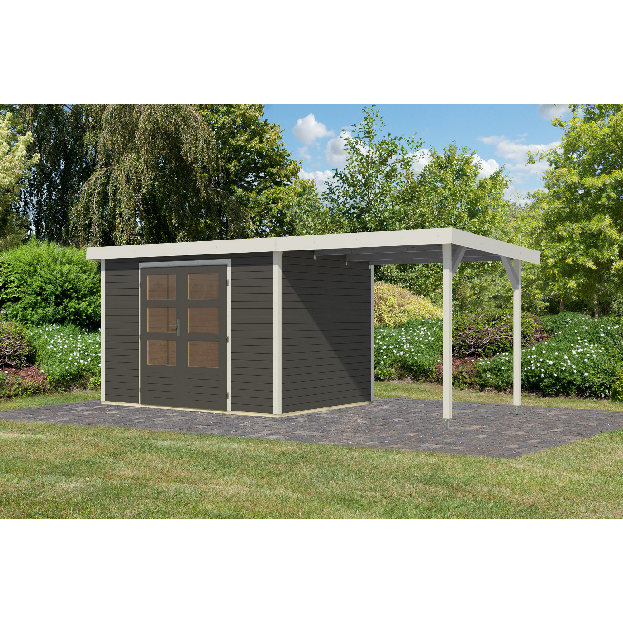 Gartenhaus-Set 'Komet 4 B' Fichtenholz terragrau / weiß mit Anbaudach 2,35 m breit 514,5 x 209 x 213,5 cm