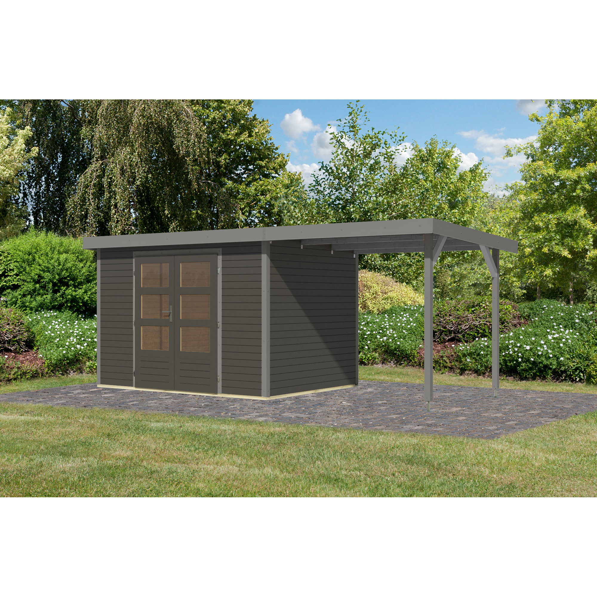 Gartenhaus-Set 'Komet 4 B' Fichtenholz terragrau / graualuminium mit Anbaudach 2,35 m breit 514,5 x 209 x 213,5 cm