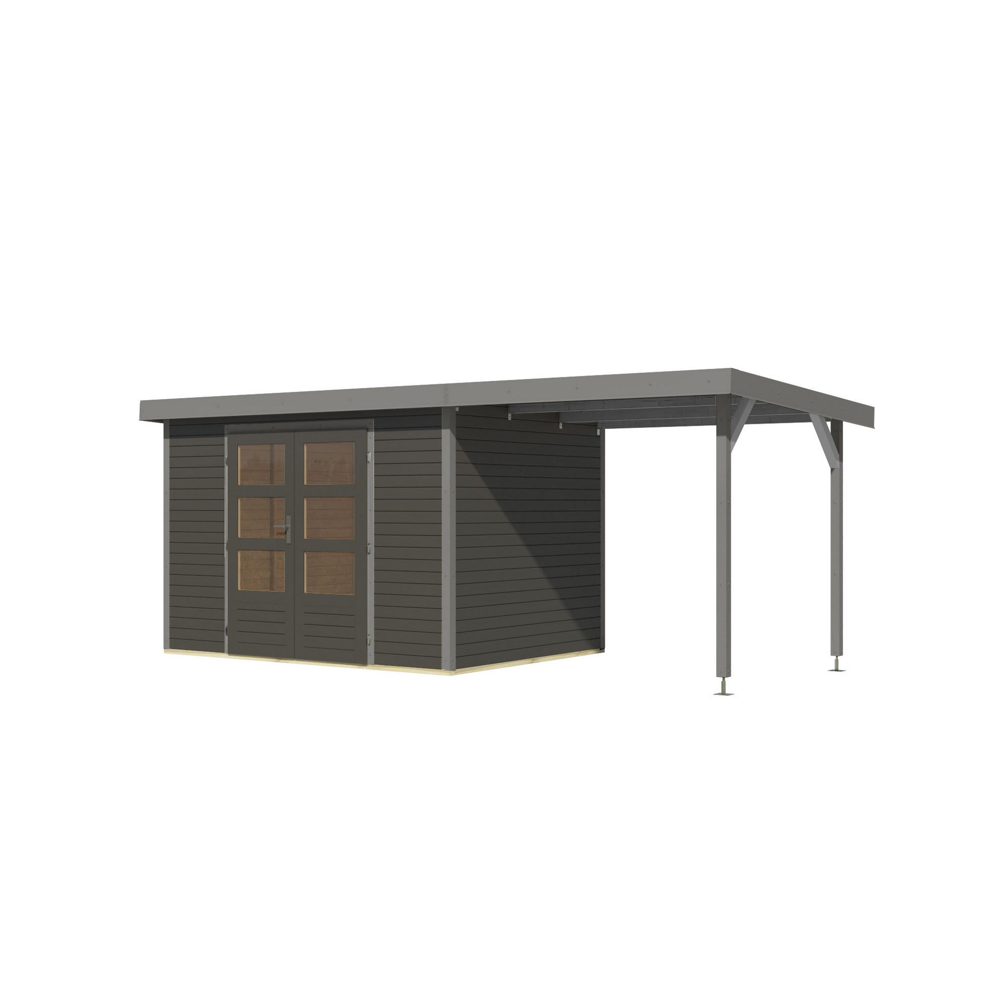 Gartenhaus-Set 'Komet 4 B' Fichtenholz terragrau / graualuminium mit Anbaudach 2,35 m breit 514,5 x 209 x 213,5 cm
