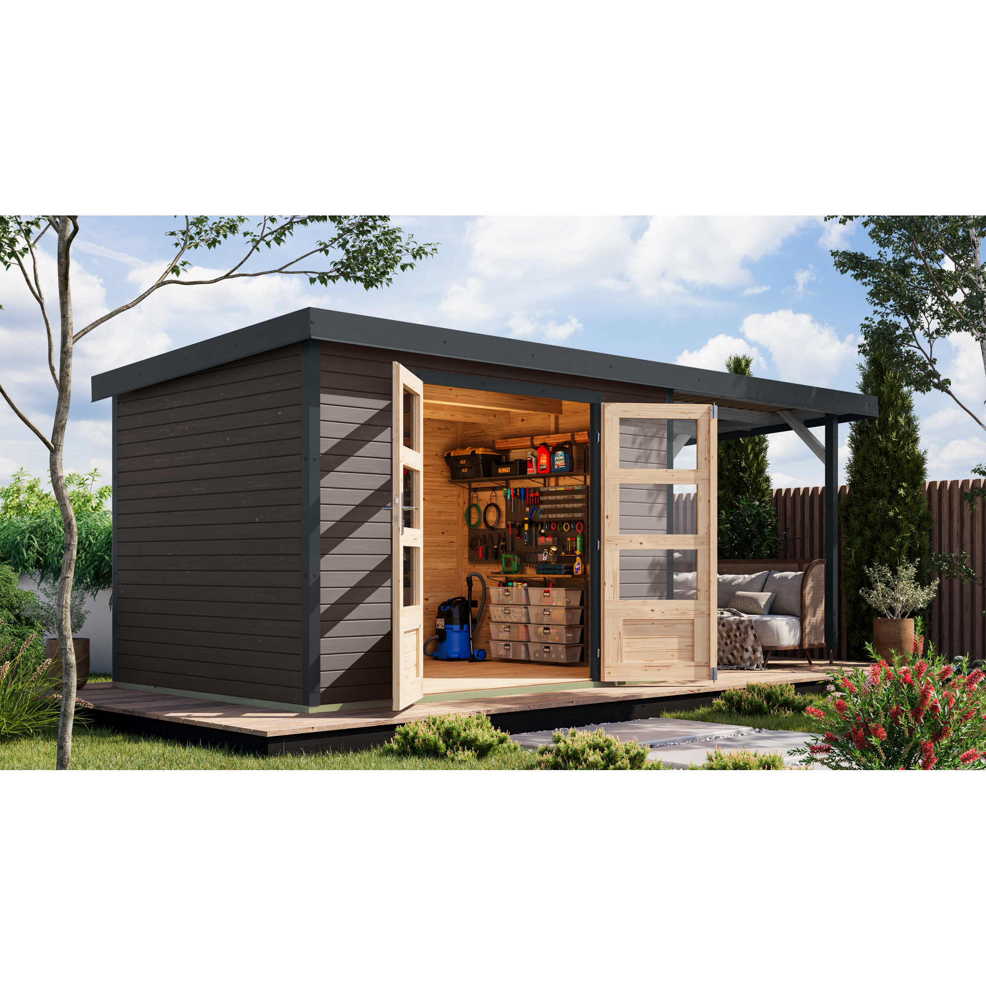 Gartenhaus-Set 'Komet 4 B' Fichtenholz terragrau / anthrazit mit Anbaudach 2,35 m breit 514,5 x 209 x 213,5 cm