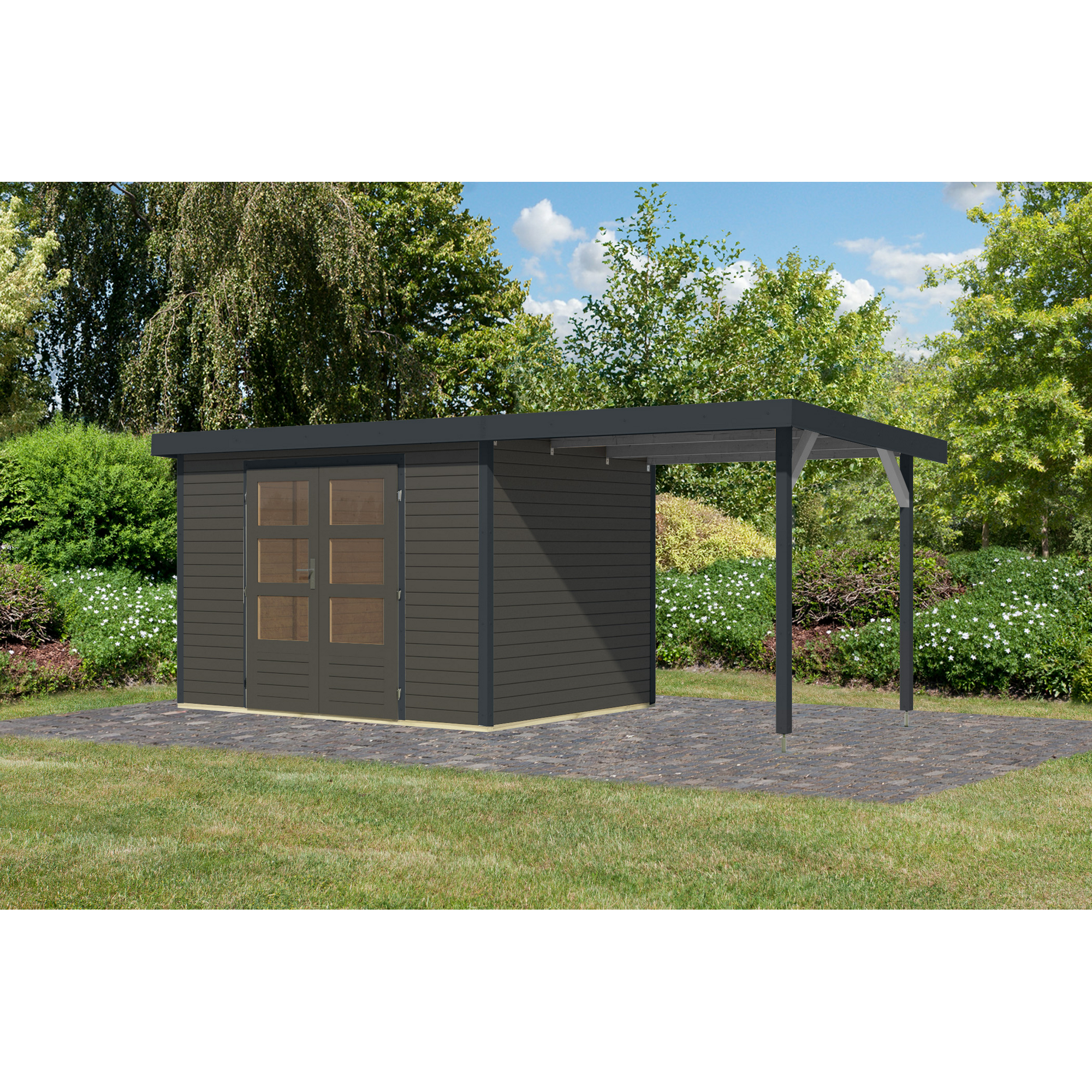 Gartenhaus-Set 'Komet 4 B' Fichtenholz terragrau / anthrazit mit Anbaudach 2,35 m breit 514,5 x 209 x 213,5 cm
