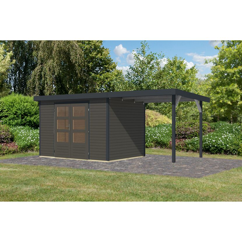 Gartenhaus-Set 'Komet 4 B' Fichtenholz terragrau / anthrazit mit Anbaudach 2,35 m breit 514,5 x 209 x 213,5 cm