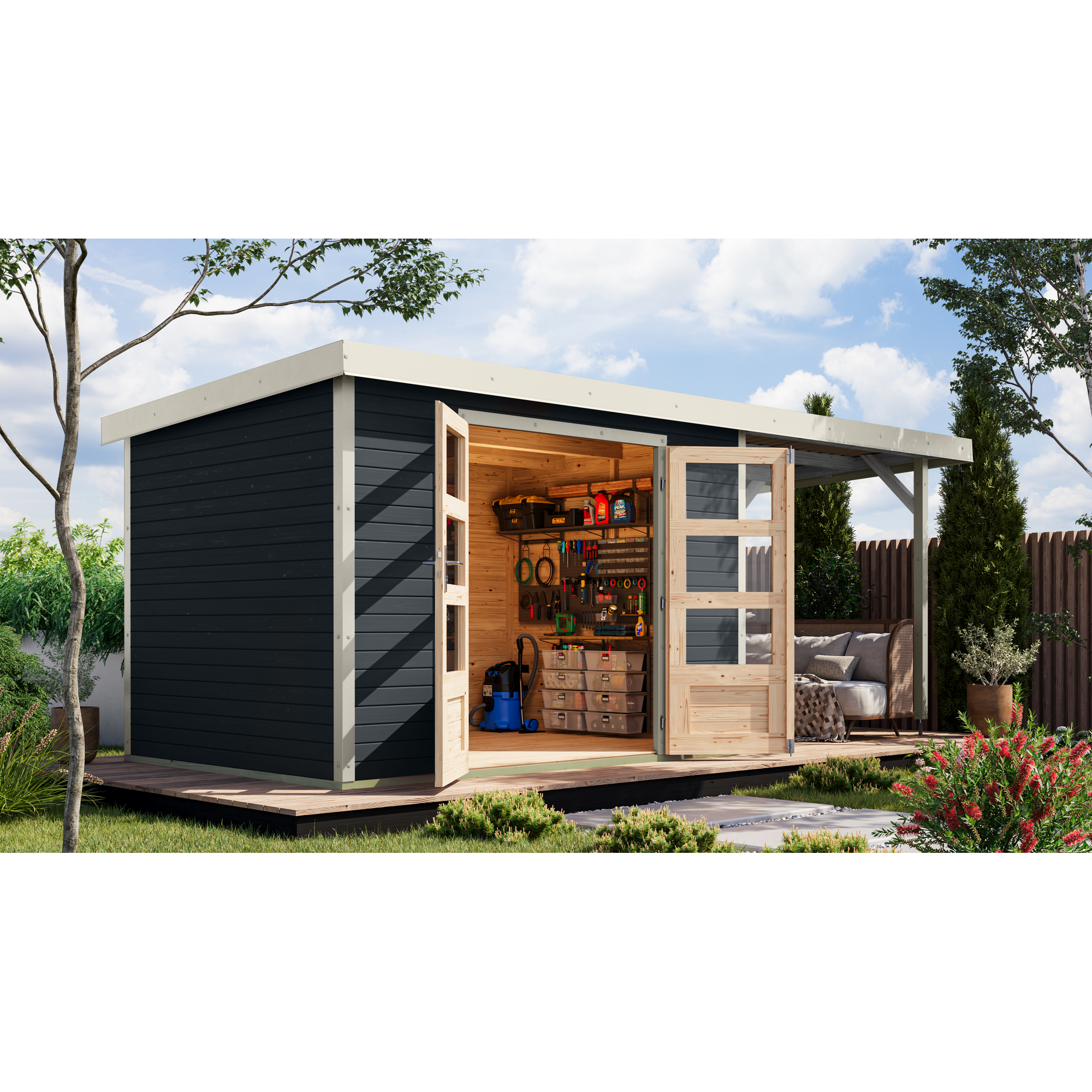 Gartenhaus-Set 'Komet 4 C' Fichtenholz anthrazit / weiß mit Anbaudach 2,35 m breit 514,5 x 209 x 213,5 cm