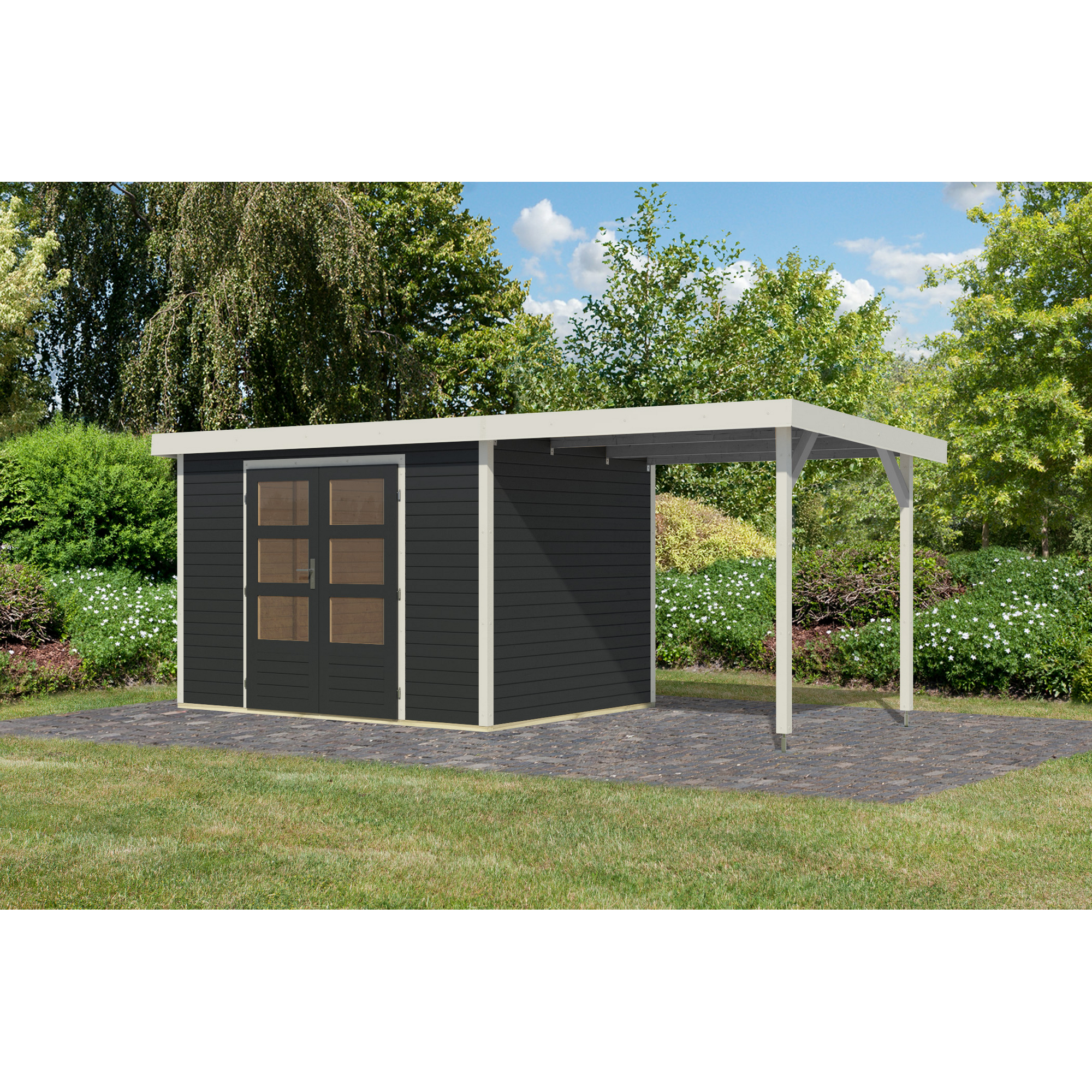 Gartenhaus-Set 'Komet 4 C' Fichtenholz anthrazit / weiß mit Anbaudach 2,35 m breit 514,5 x 209 x 213,5 cm
