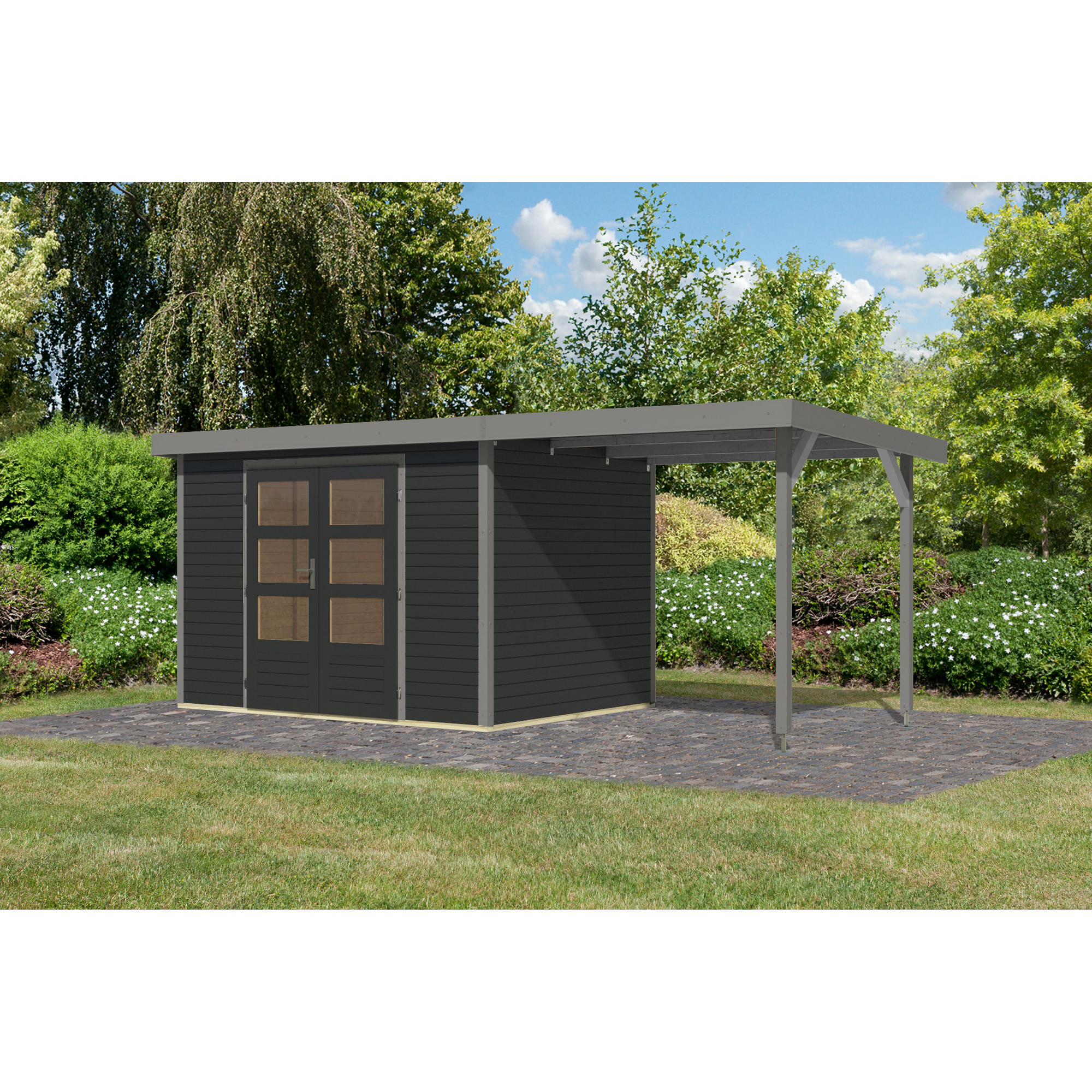 Gartenhaus-Set 'Komet 4 C' Fichtenholz anthrazit / graualuminium mit Anbaudach 2,35 m breit 514,5 x 209 x 213,5 cm
