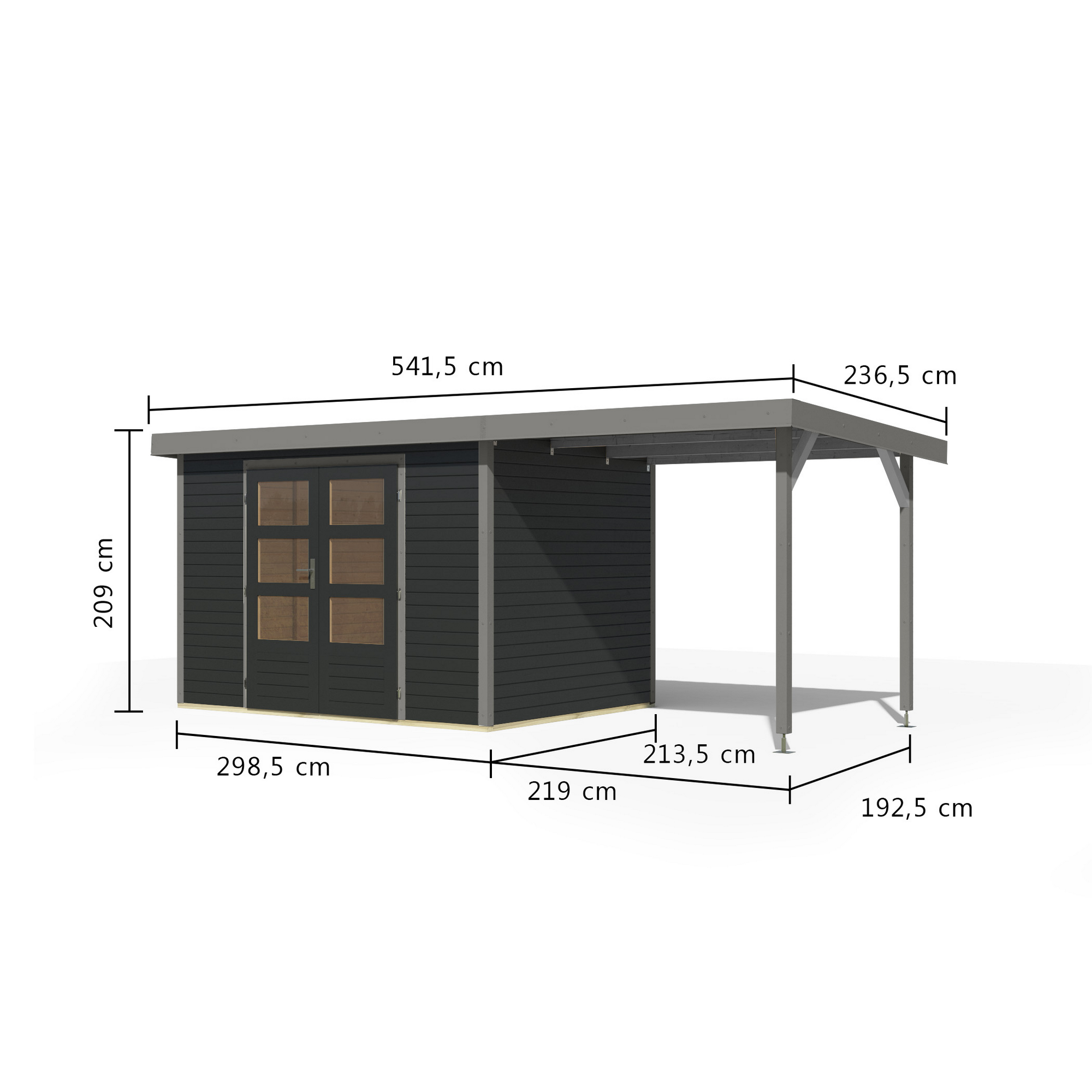 Gartenhaus-Set 'Komet 4 C' Fichtenholz anthrazit / graualuminium mit Anbaudach 2,35 m breit 514,5 x 209 x 213,5 cm