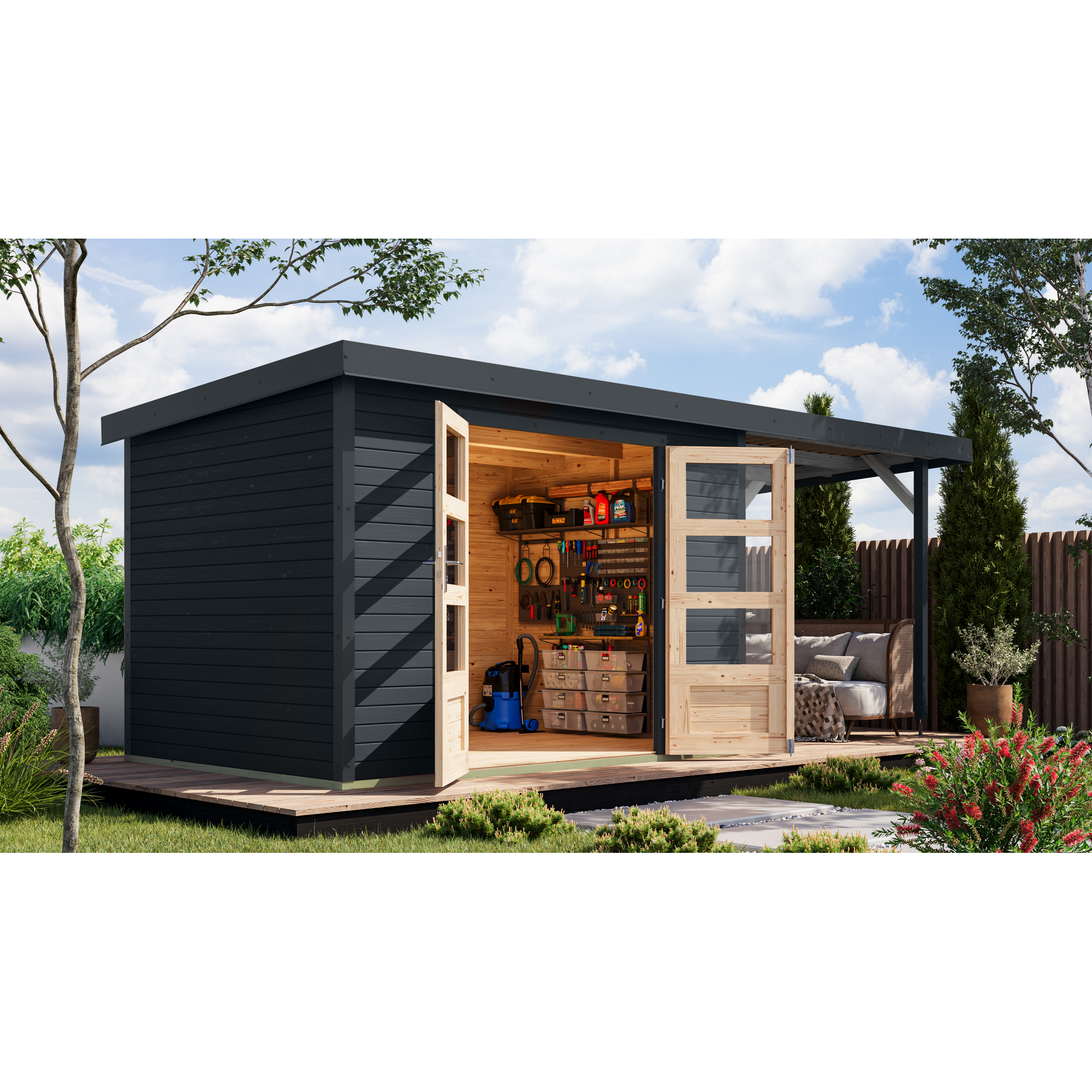 Gartenhaus-Set 'Komet 4 C' Fichtenholz anthrazit / anthrazit mit Anbaudach 2,35 m breit 514,5 x 209 x 213,5 cm