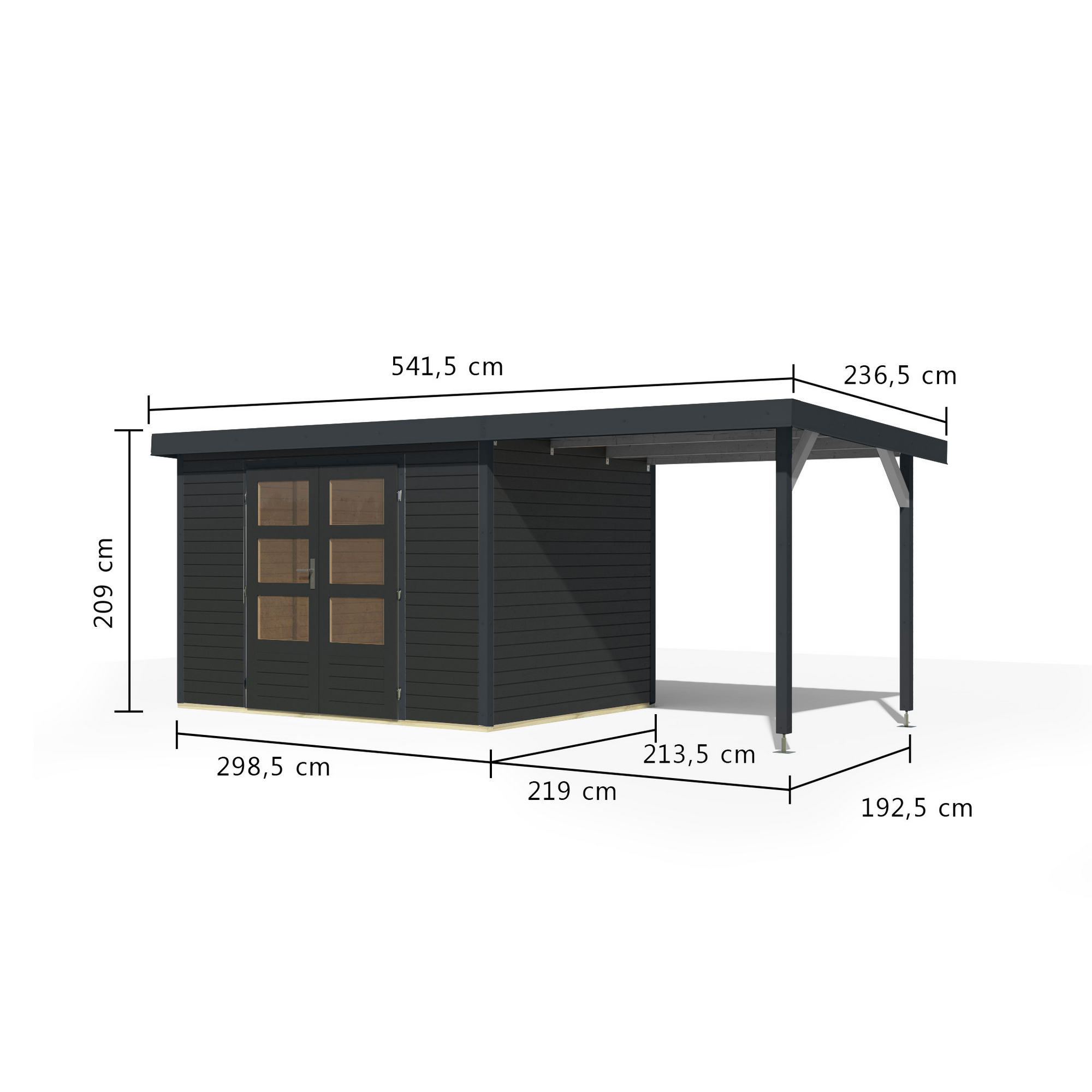 Gartenhaus-Set 'Komet 4 C' Fichtenholz anthrazit / anthrazit mit Anbaudach 2,35 m breit 514,5 x 209 x 213,5 cm