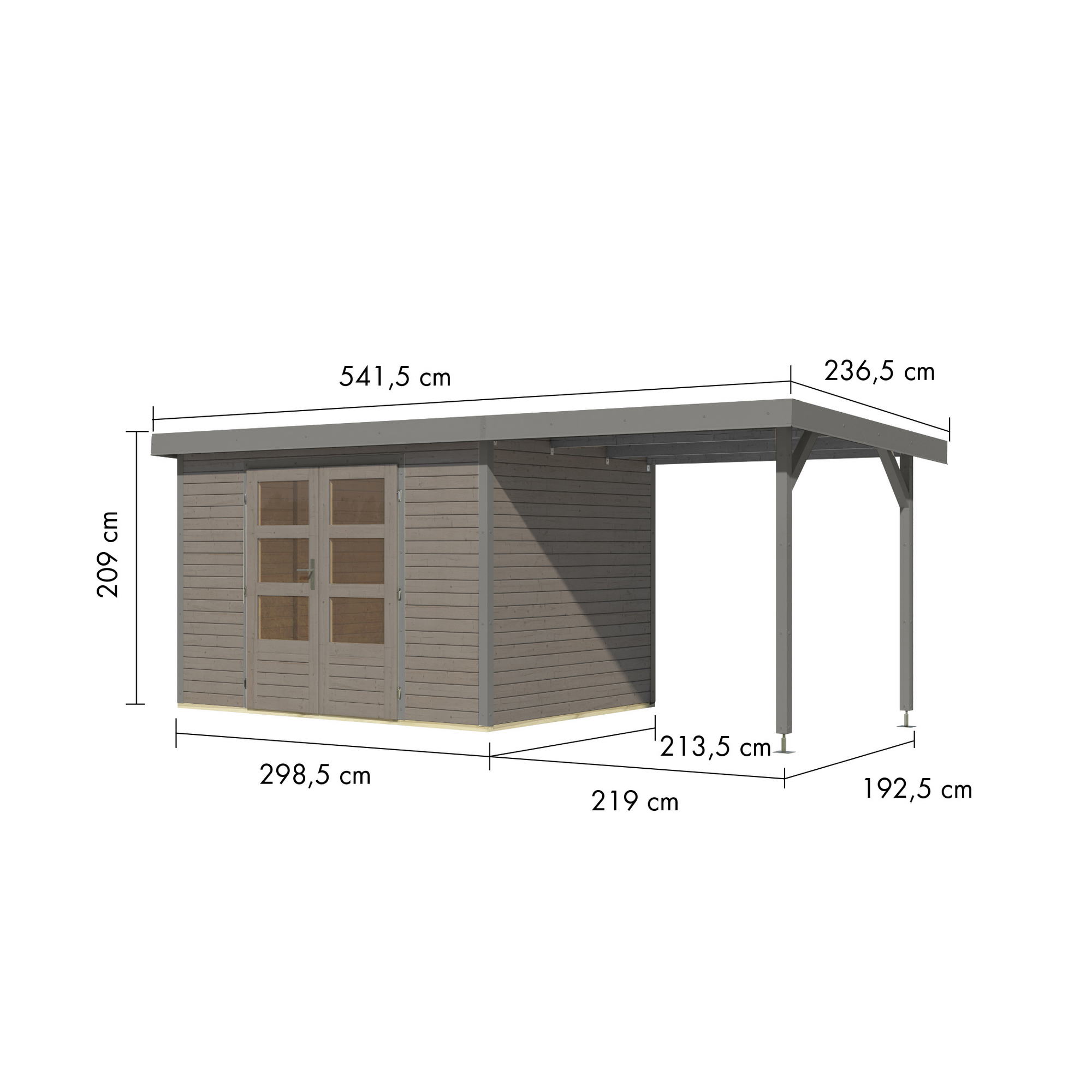 Gartenhaus-Set 'Komet 4 D' Fichtenholz wassergrau / graualuminium mit Anbaudach 2,35 m breit 514,5 x 209 x 213,5 cm