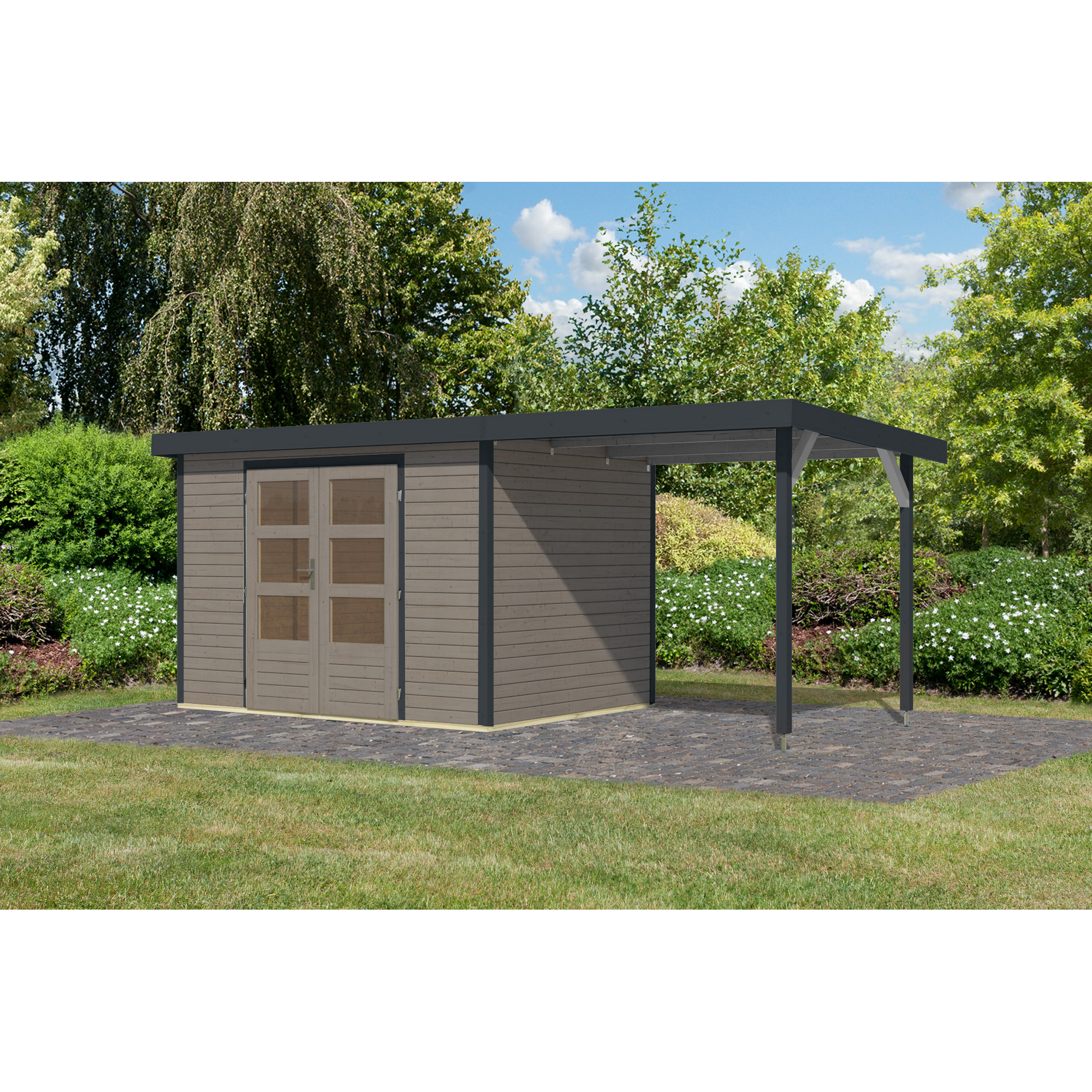 Gartenhaus-Set 'Komet 4 D' Fichtenholz wassergrau / anthrazit mit Anbaudach 2,35 m breit 514,5 x 209 x 213,5 cm