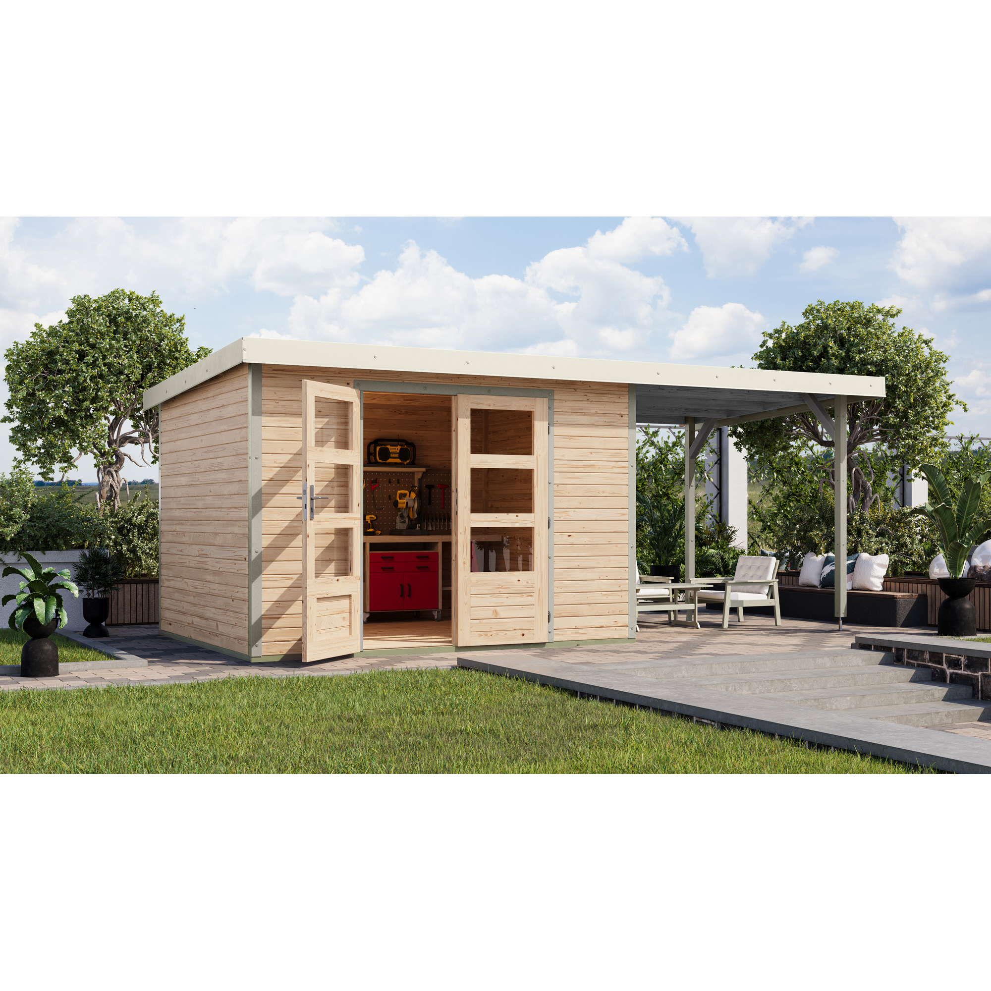Gartenhaus-Set 'Komet 5 A' Fichtenholz naturbelassen / weiß mit Anbaudach 2,35 m breit 514,5 x 209 x 242,5 cm
