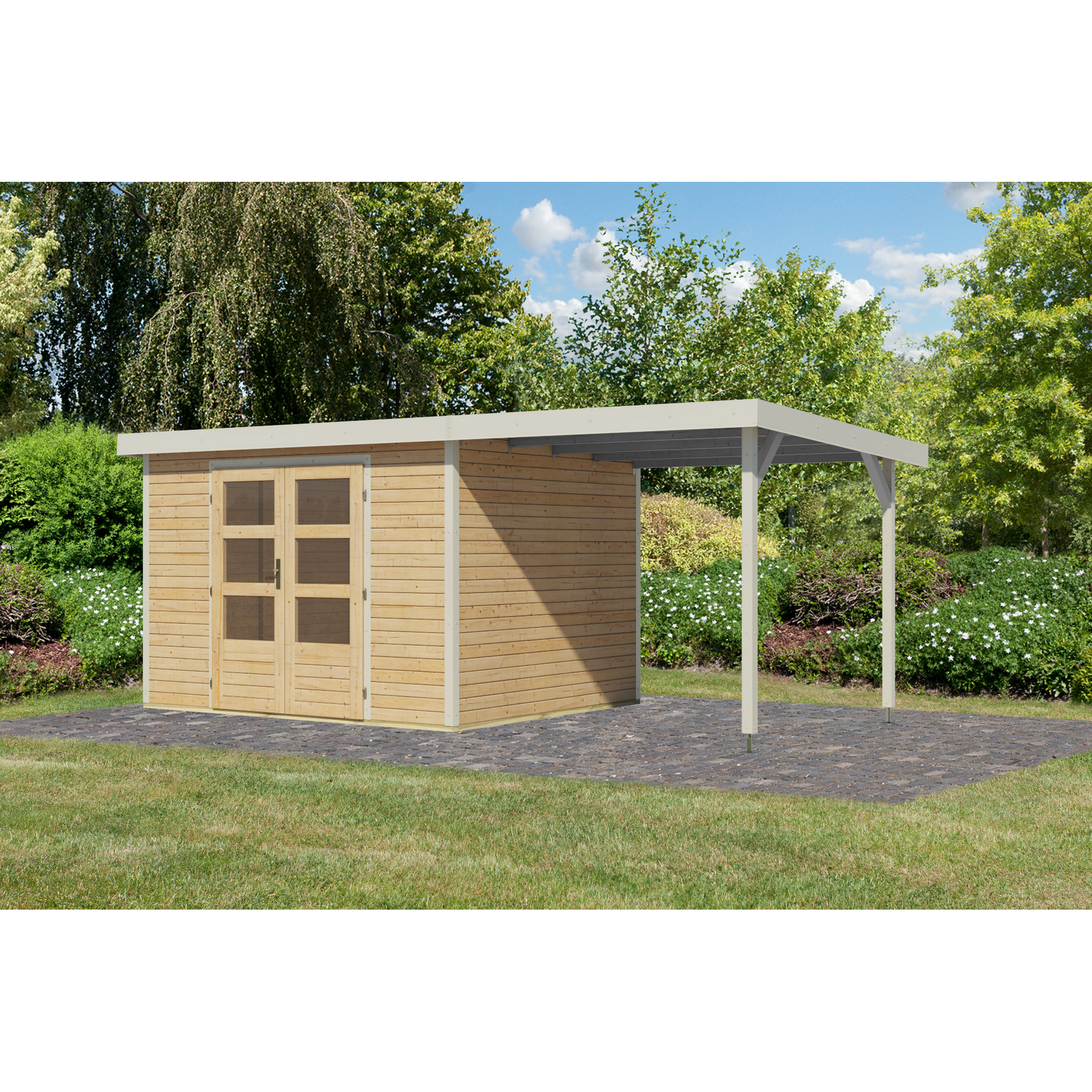 Gartenhaus-Set 'Komet 5 A' Fichtenholz naturbelassen / weiß mit Anbaudach 2,35 m breit 514,5 x 209 x 242,5 cm