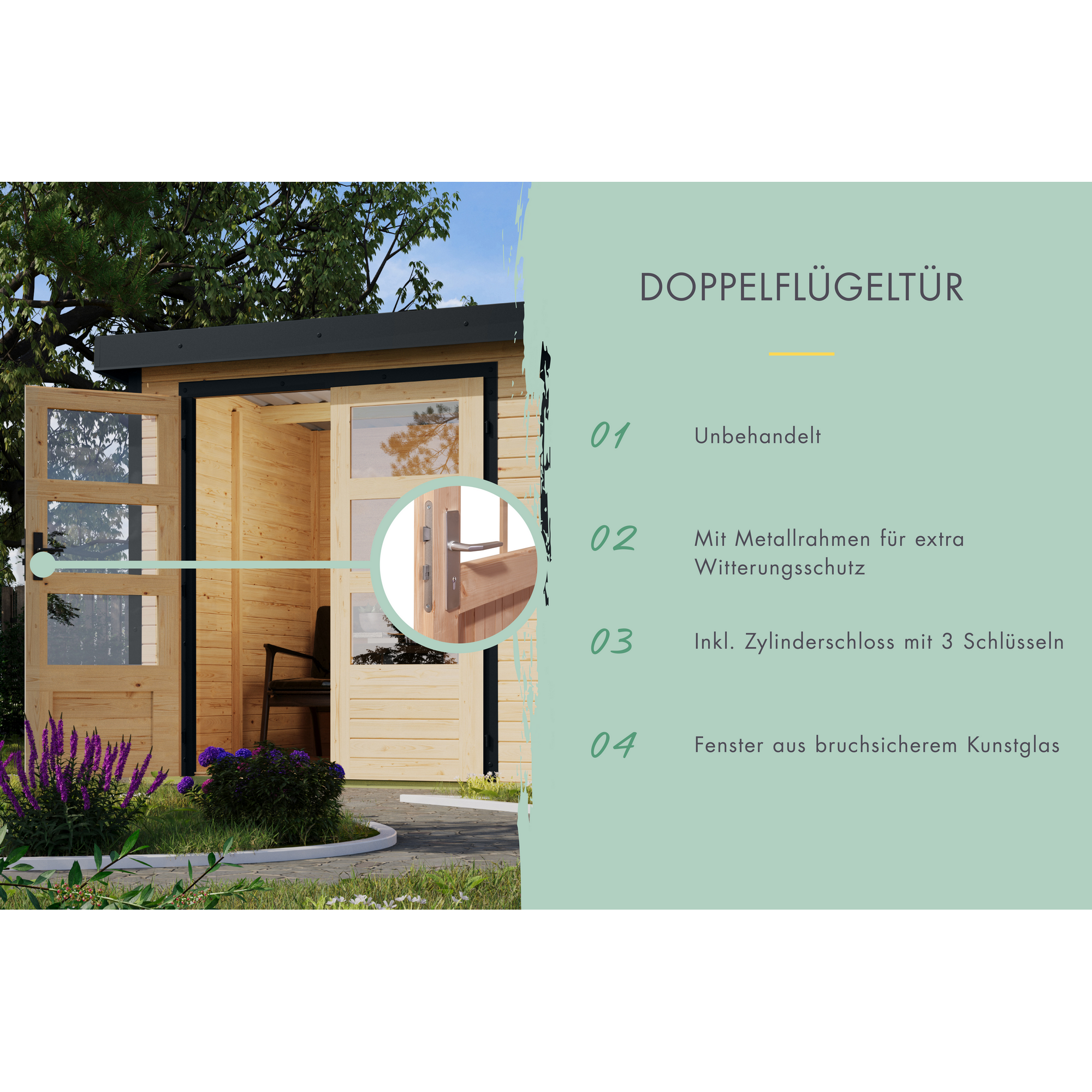 Gartenhaus mit Doppelflügeltür aus Holz und Glas