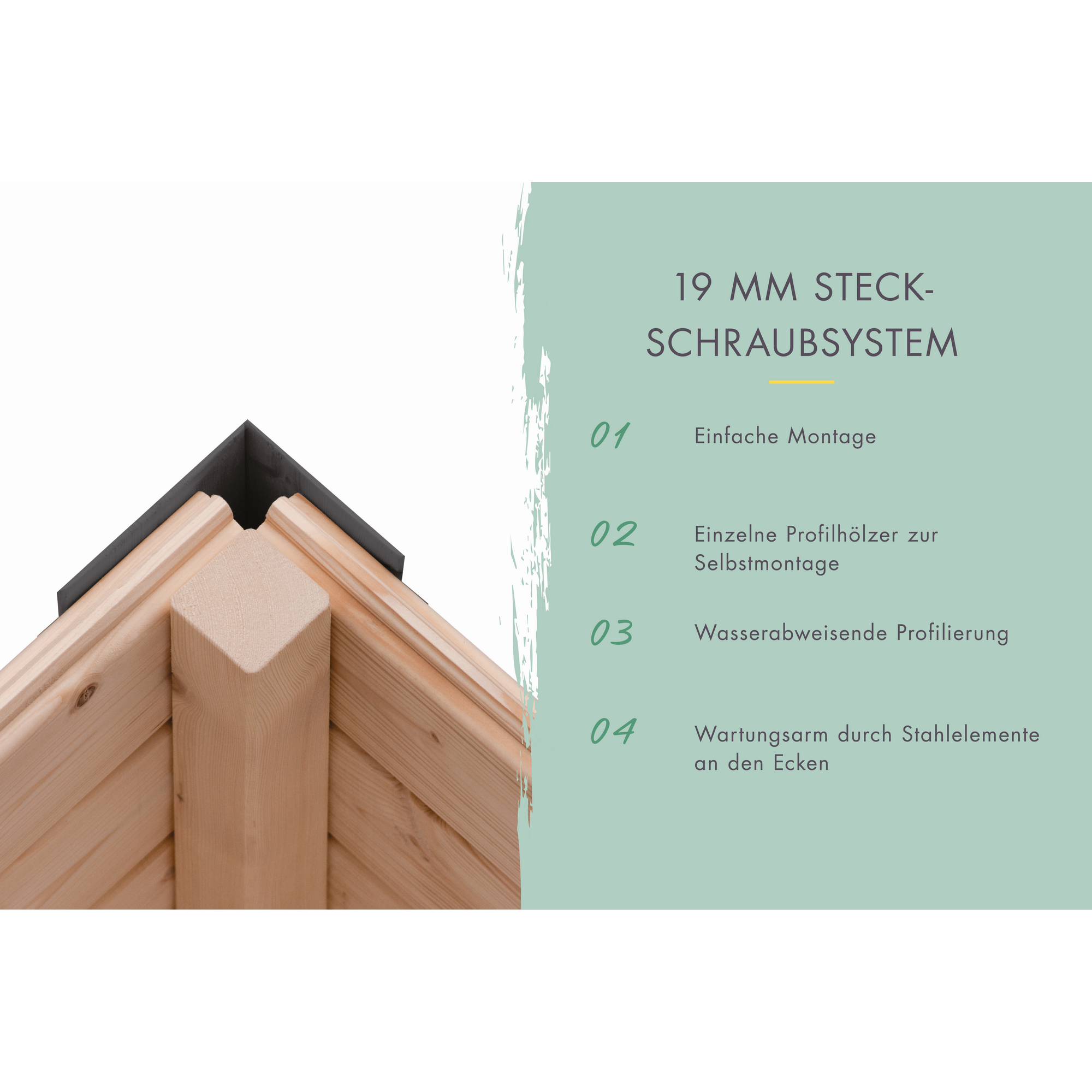 Ecke einer Holzkonstruktion mit Metallverstärkung