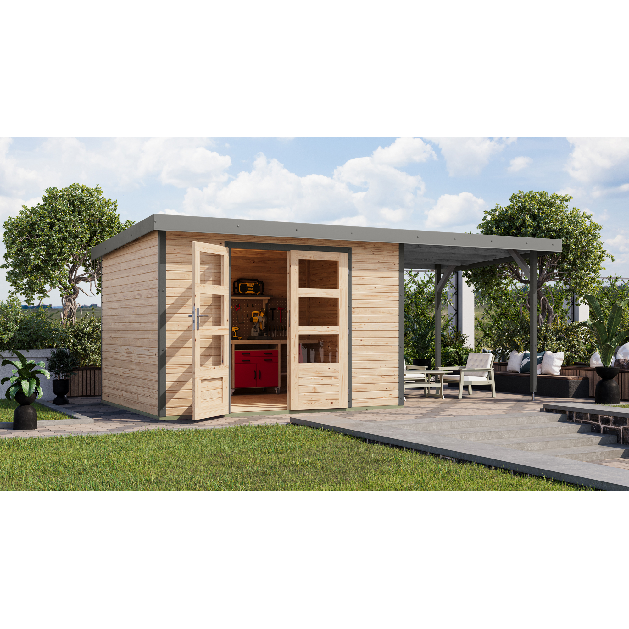 Gartenhaus-Set 'Komet 5 A' Fichtenholz naturbelassen / graualuminium mit Anbaudach 2,35 m breit 514,5 x 209 x 242,5 cm